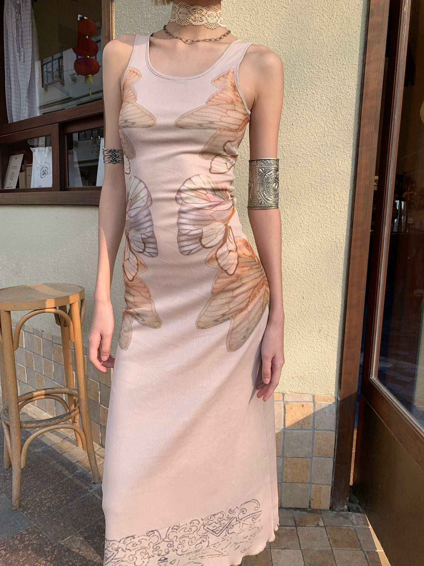 Nude-colored butterfly original design printed mesh double-layer slimming dress