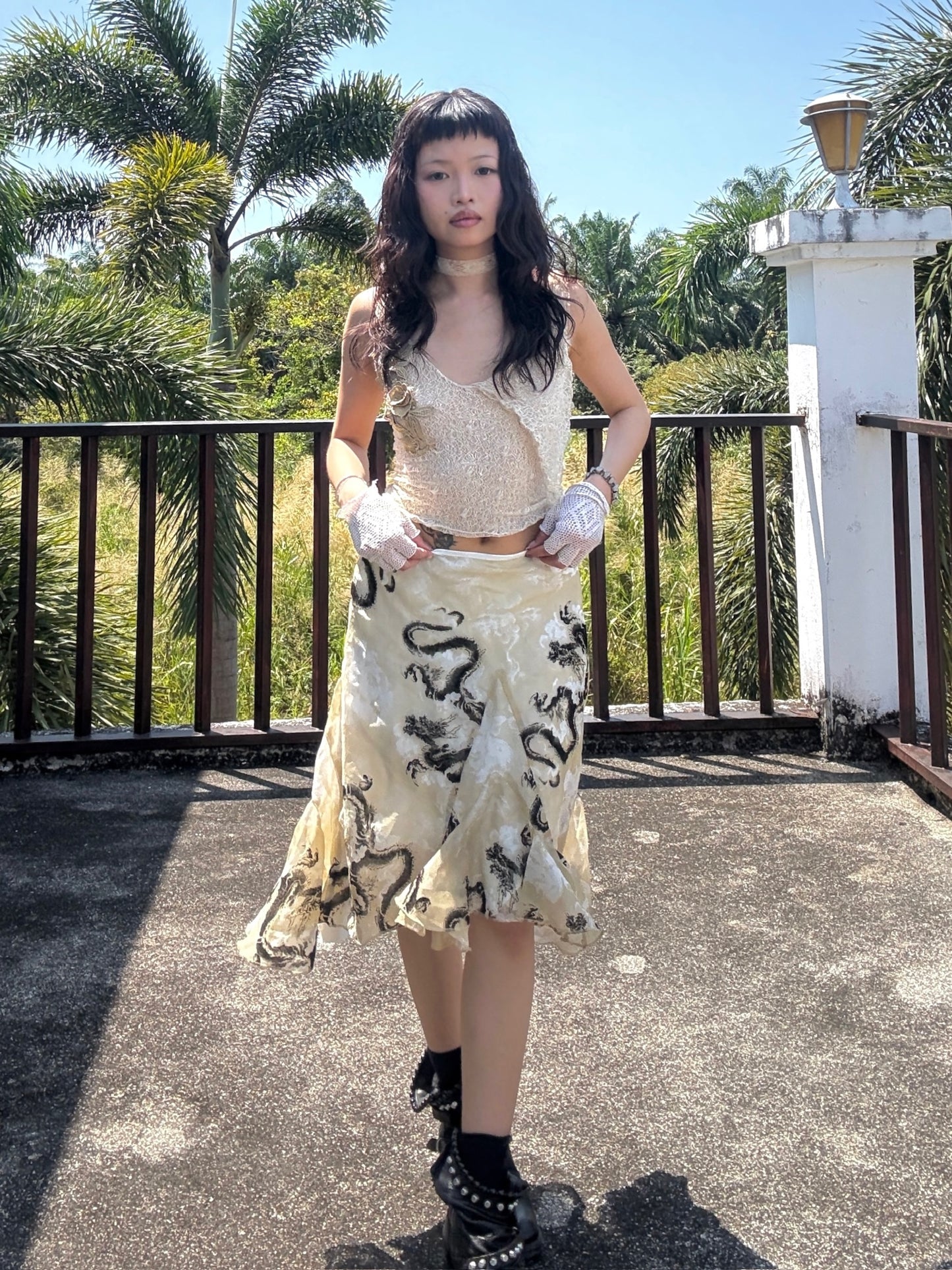 Dragon print chiffon skirt with wide hemline