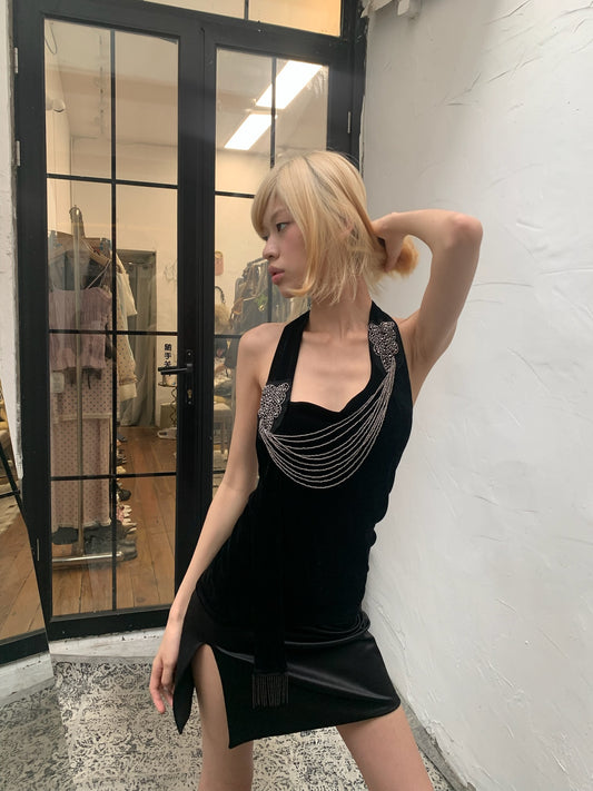 Black Silver Waterfall - Black Velvet mesh Elegant Elasticated Blouse top