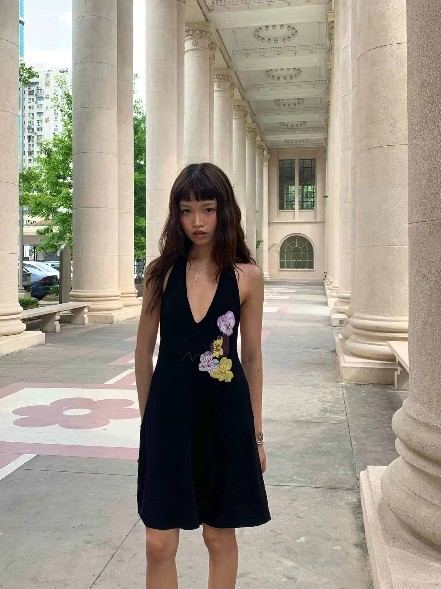 Embroidery knitted dress purple/black