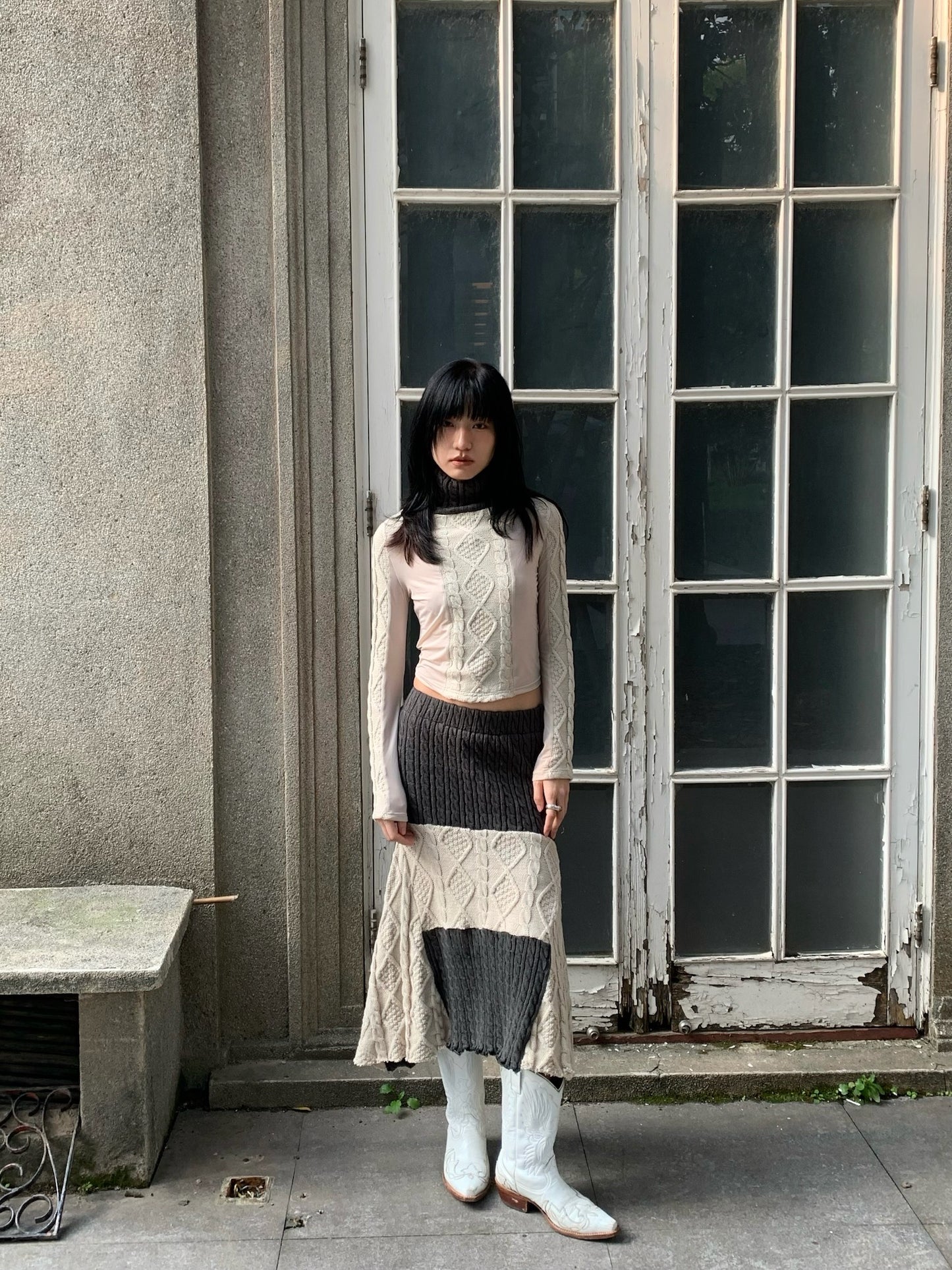 Original patchwork knitted stretch slimming design top + half skirt （can be bought separately