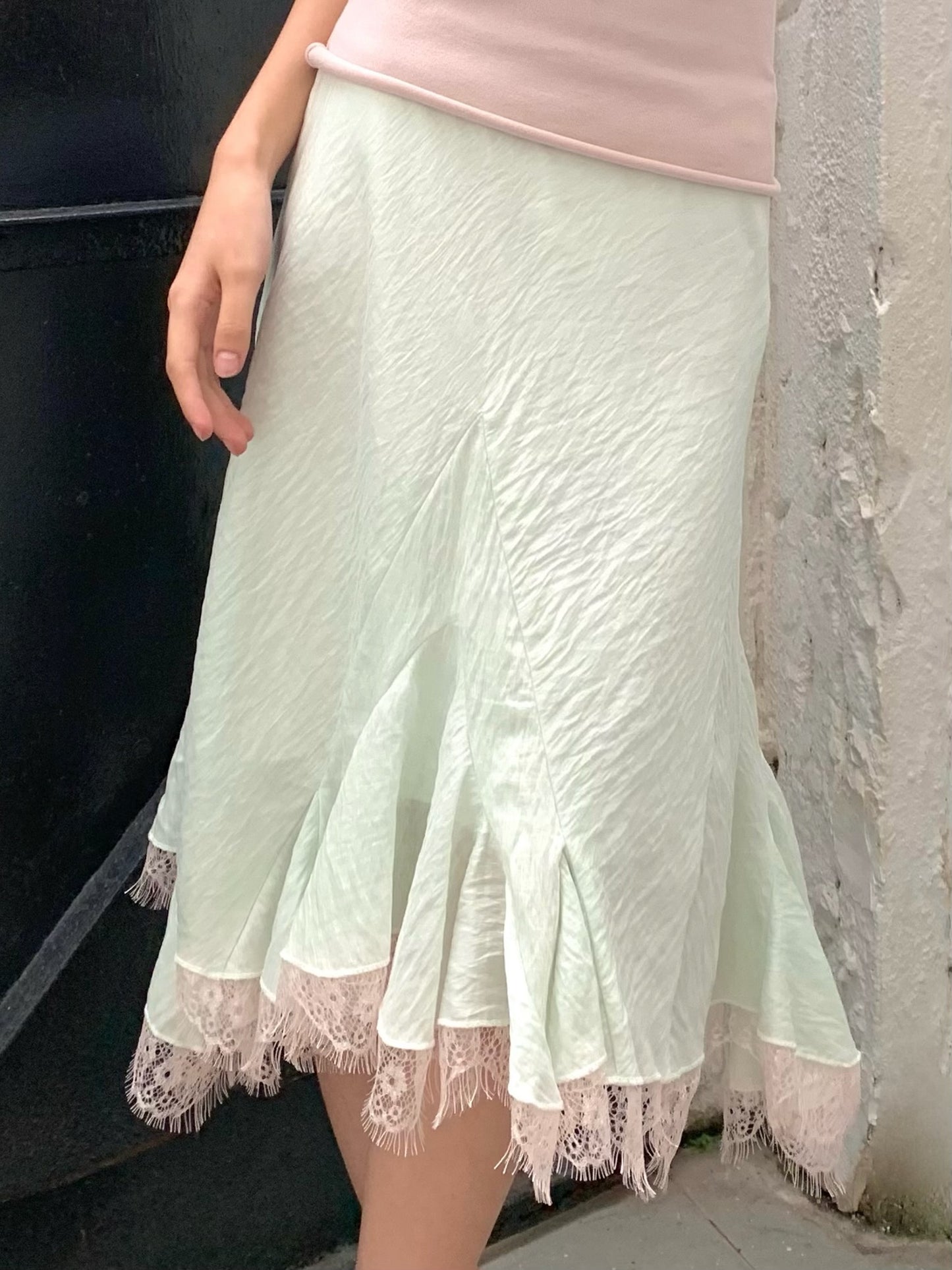 Mint green patched light pink lace flared chiffon skirt with a flowing hem