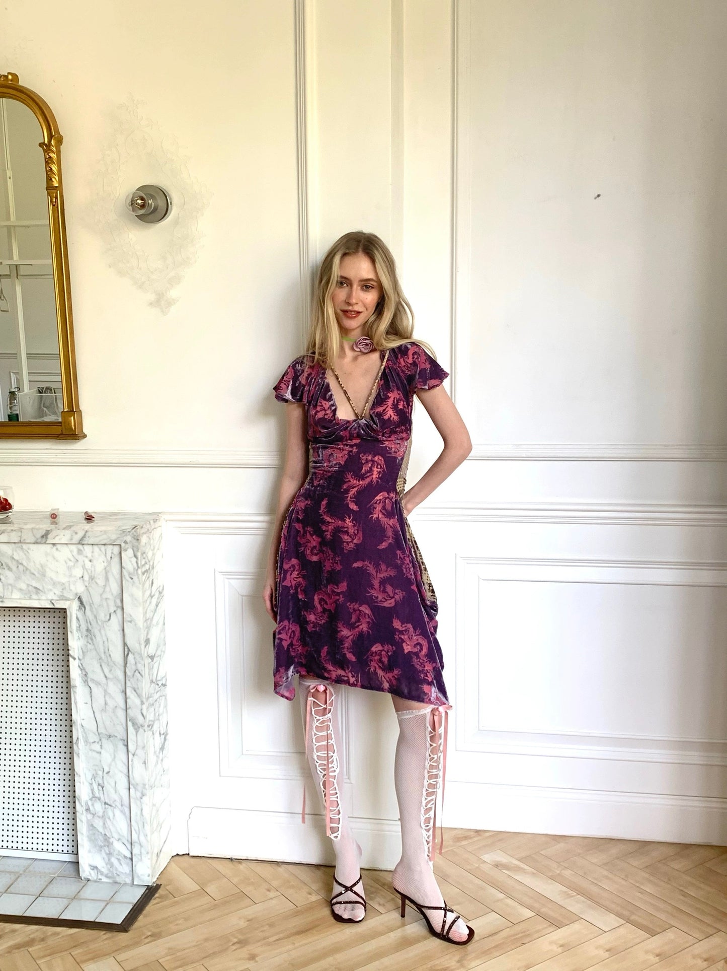 Draped vintage style purple dragon print velvet patched with coffee check velvet fabric