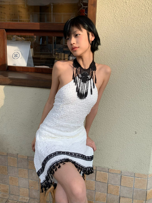 Black and White Contrast Color Stretch Pleated Dress
