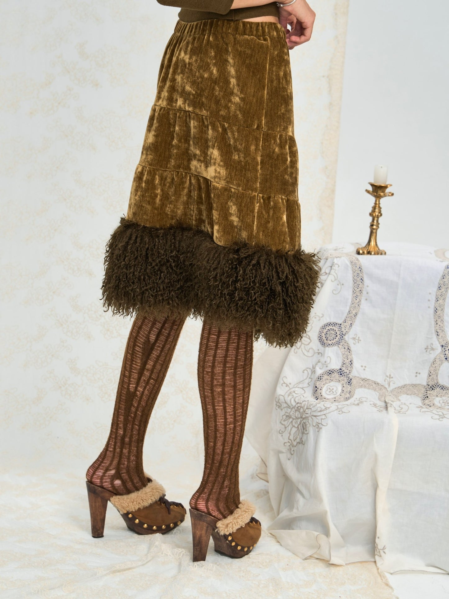 Shagreen green velvet-effect corduroy patchwork faux fur A-line skirt