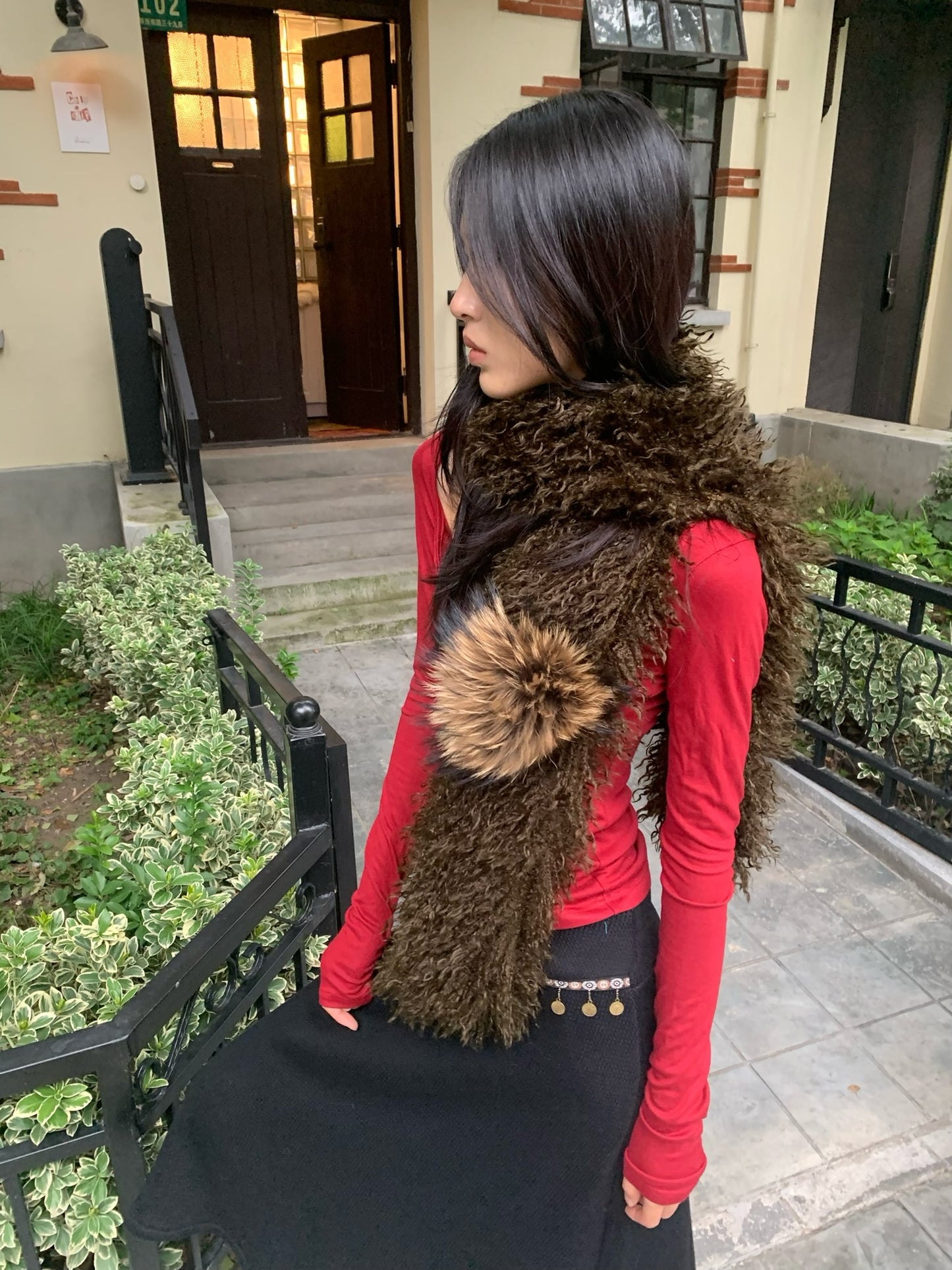 Dark olive green fur scarf