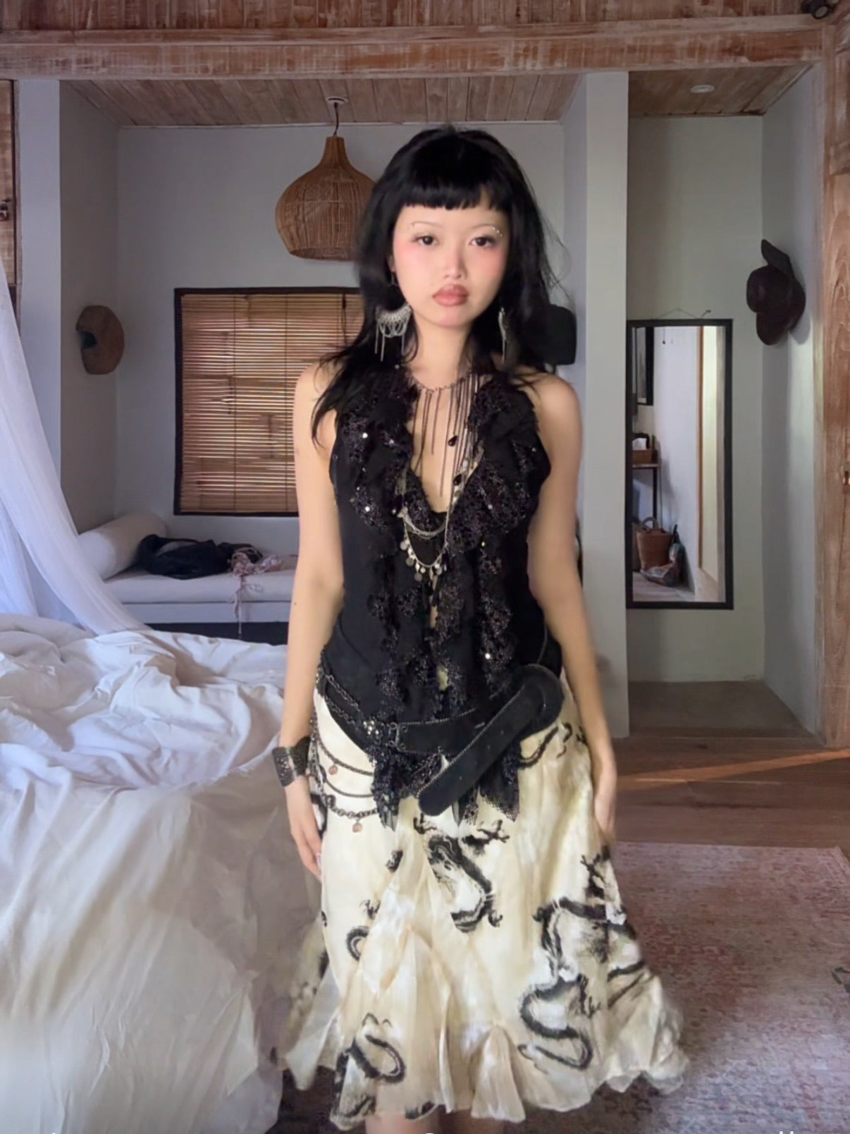 Dark glittering sequin ruffled halter strap original design top