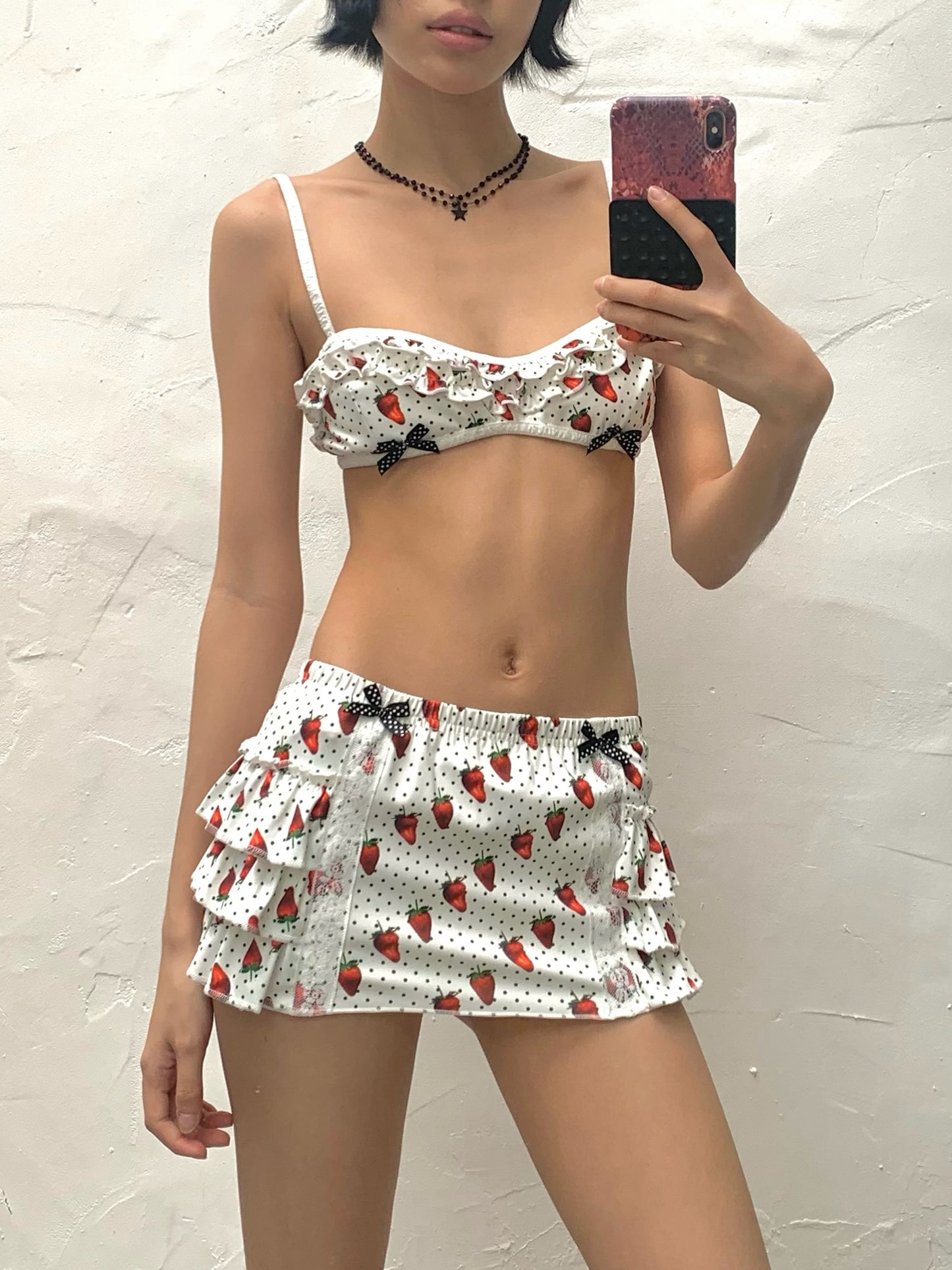 Strawberry polka dot printed swimsuit set  Bikini + Skirt