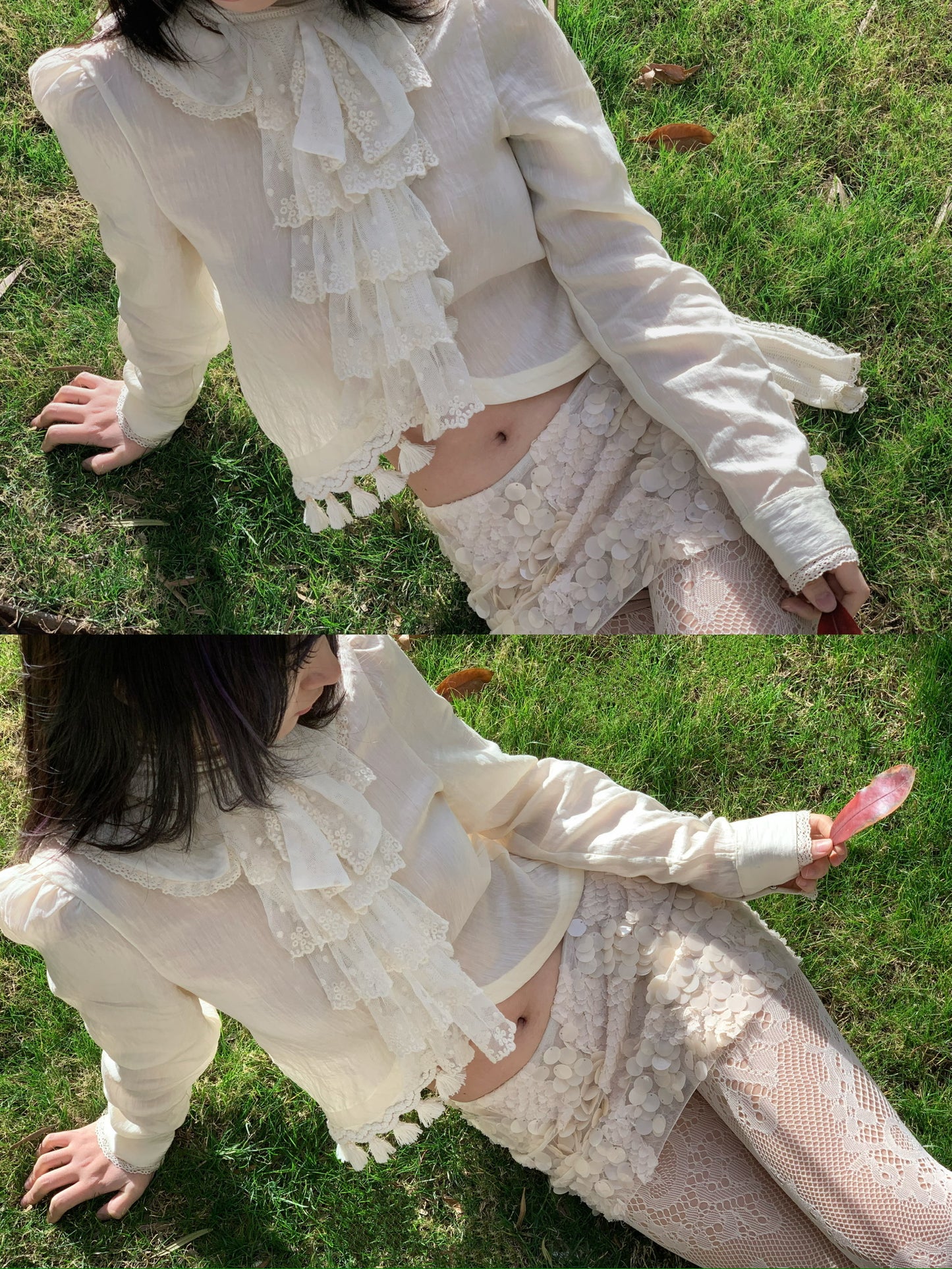 Beige doll shirt with a ruffled collar, lace tassels and an asymmetrical design