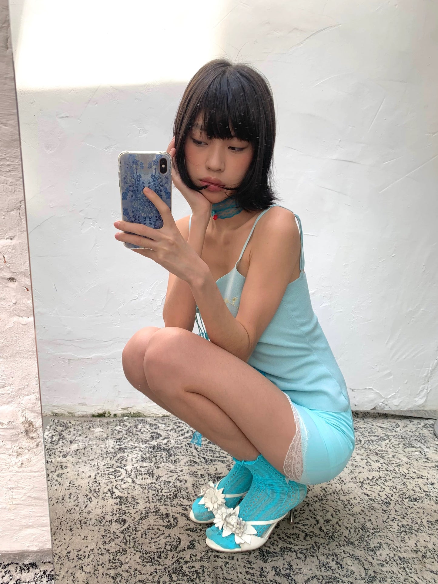 Blue vertical stripe ankle socks