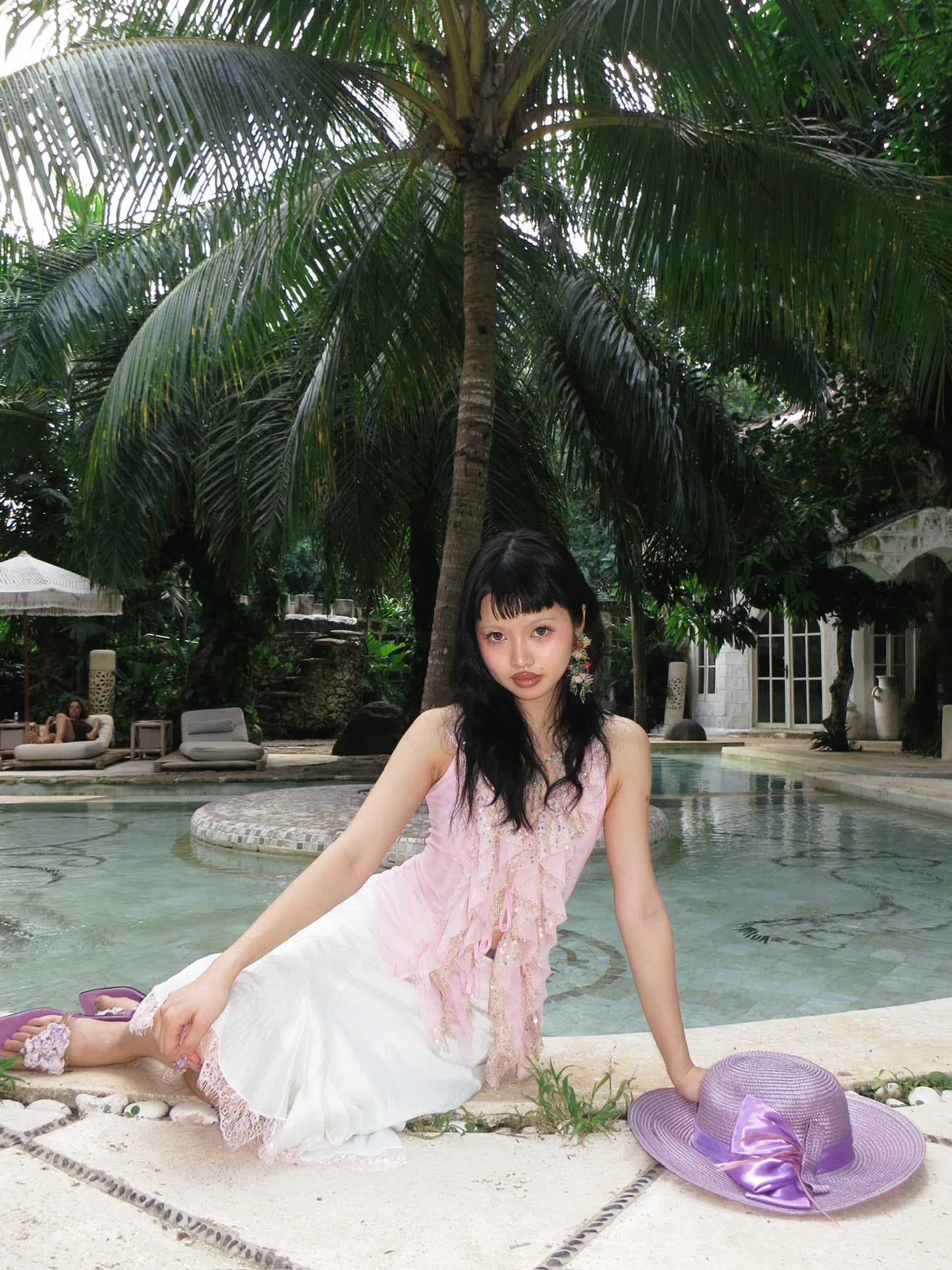 Pink glittering sequin ruffled halter strap original design top