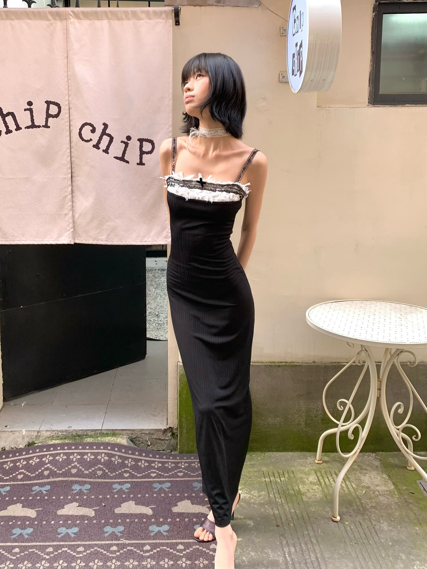 Sexy and playful lace stretch black fitted dress with adjustable shoulder straps