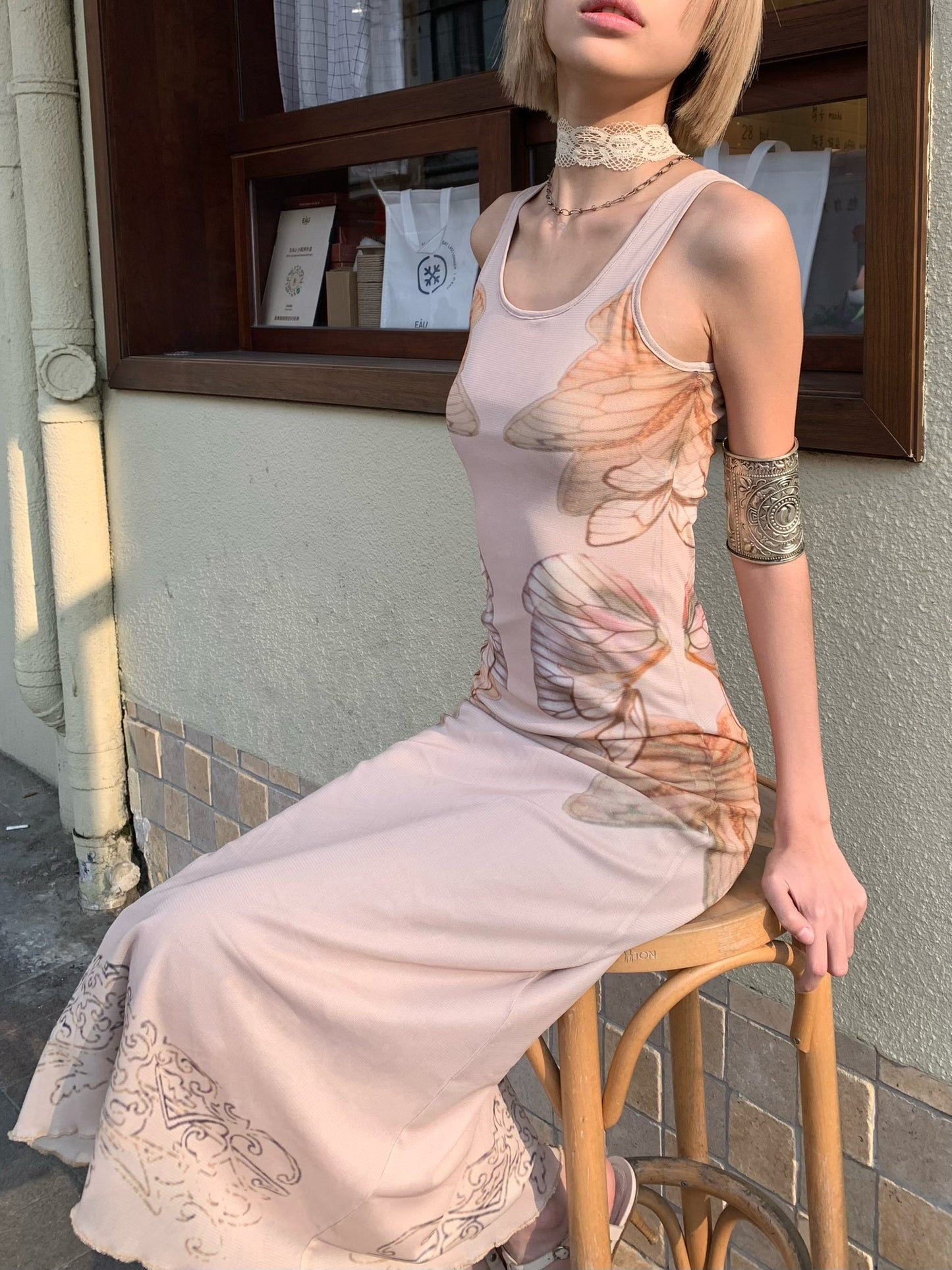 Nude-colored butterfly original design printed mesh double-layer slimming dress