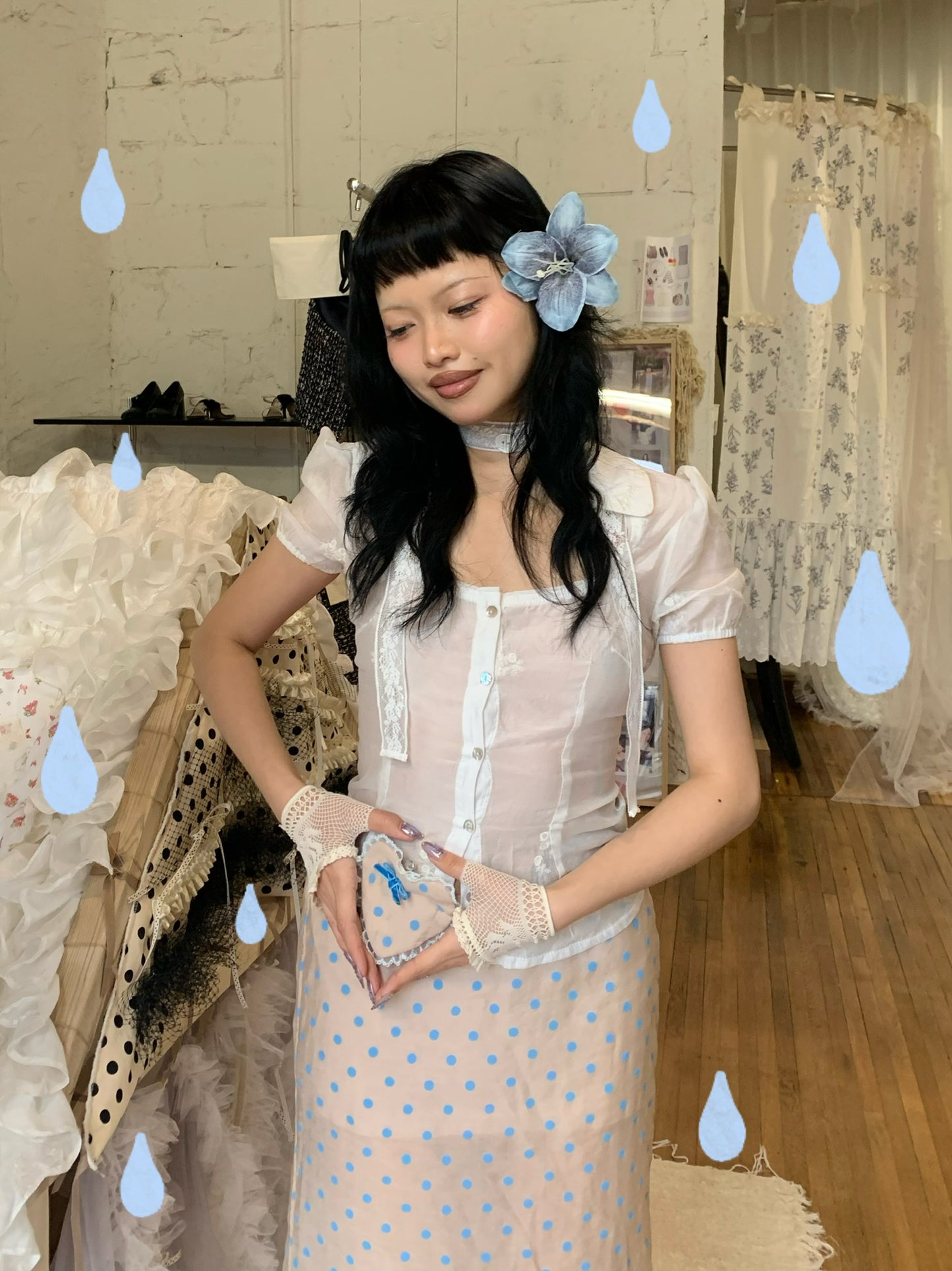 Baby blue polka dot original design tencel mid-length dress