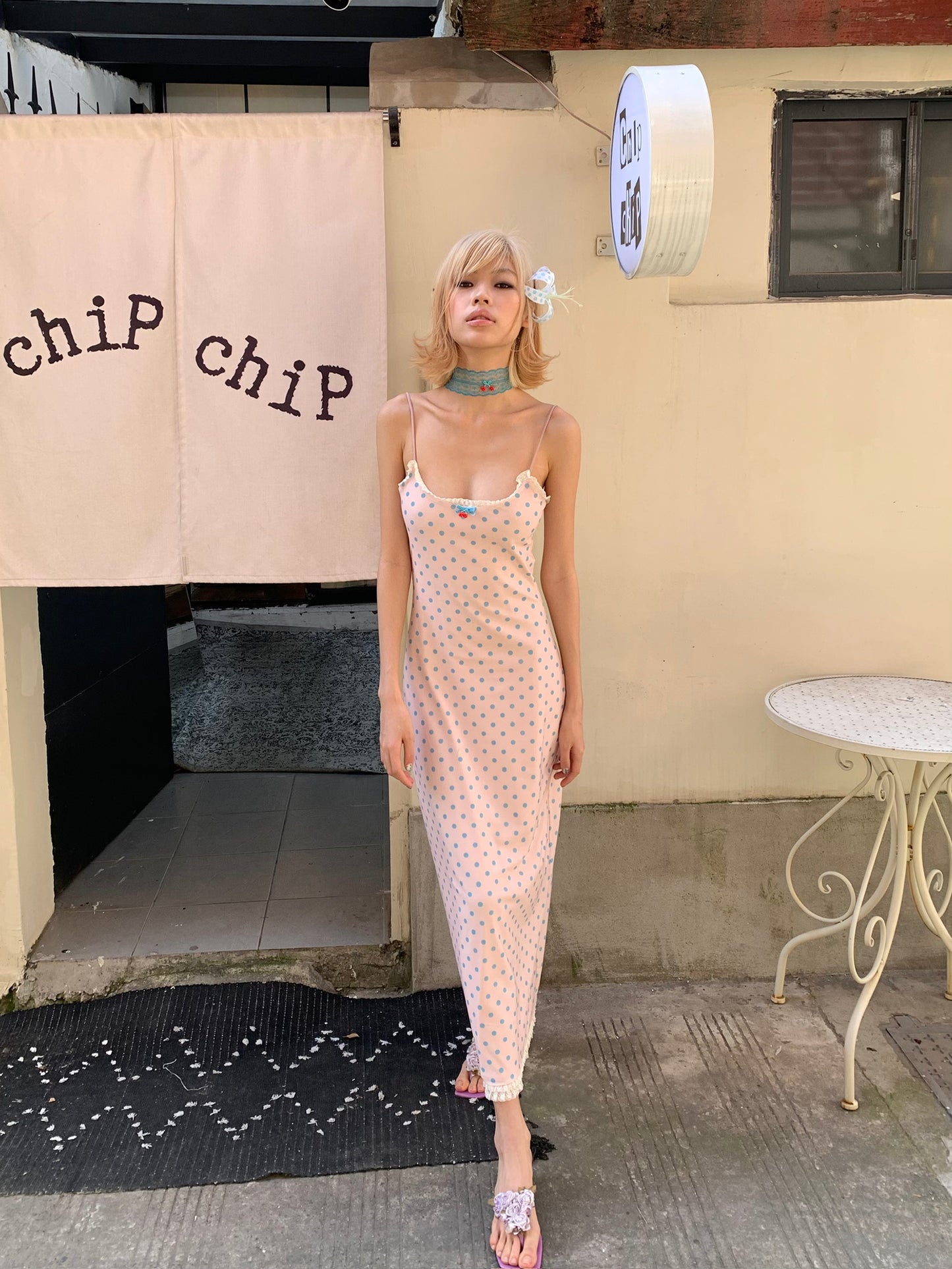 Candy polka dot dress in long version - Original pink strapless stretch-fitting long dress