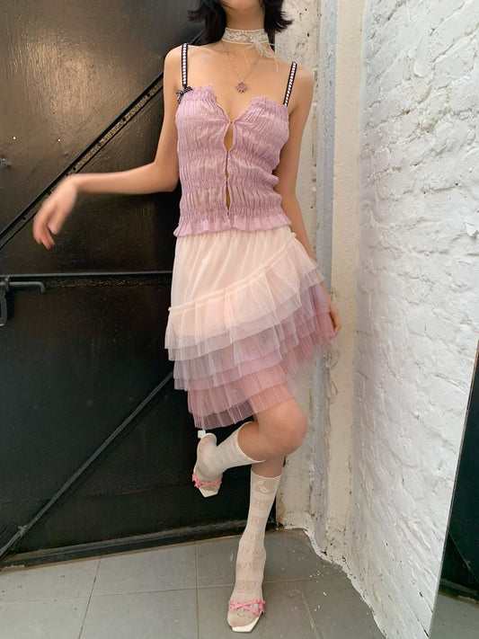 Pink-purple cloud cake dress with asymmetrical mesh fabric