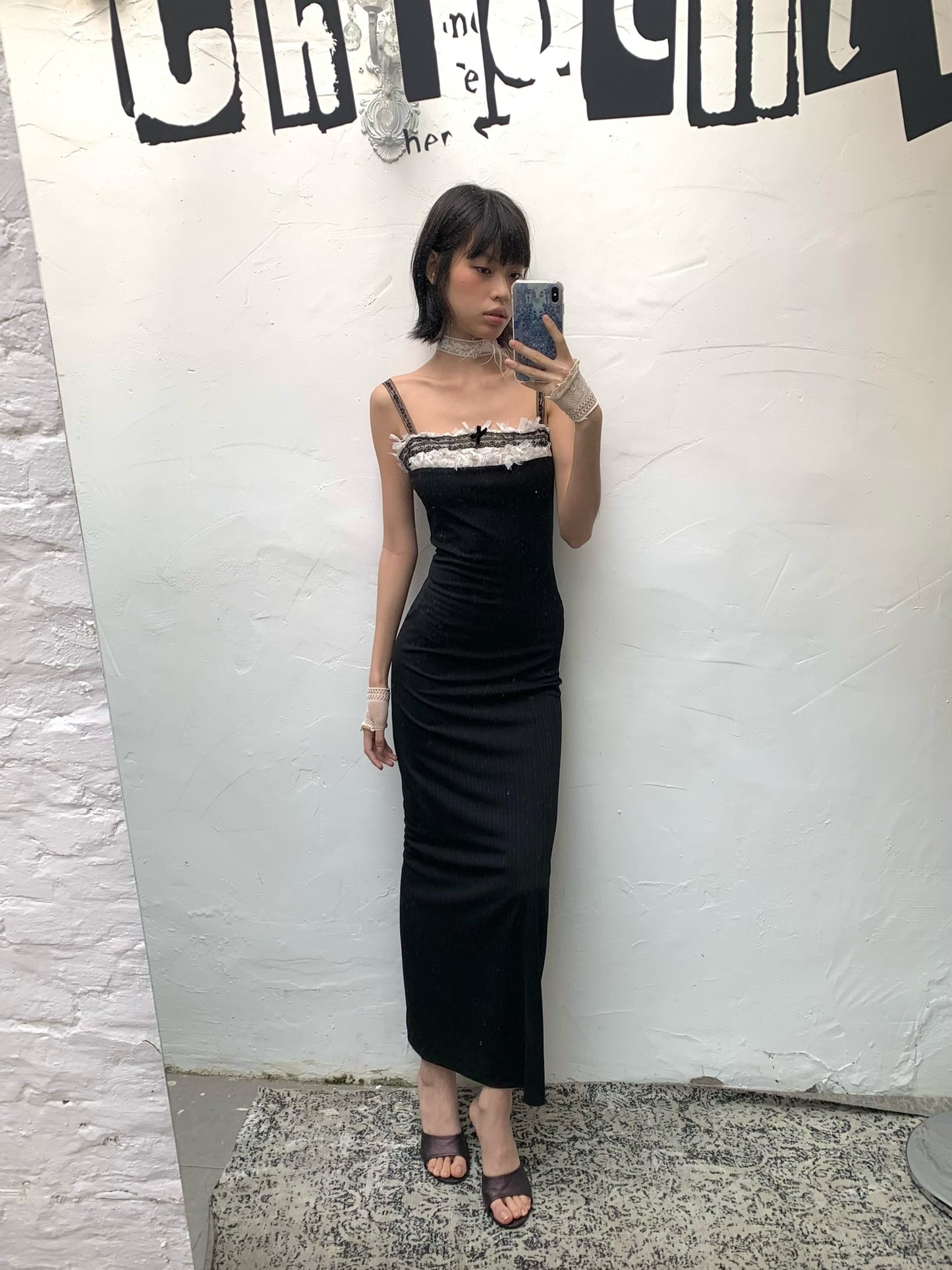Sexy and playful lace stretch black fitted dress with adjustable shoulder straps