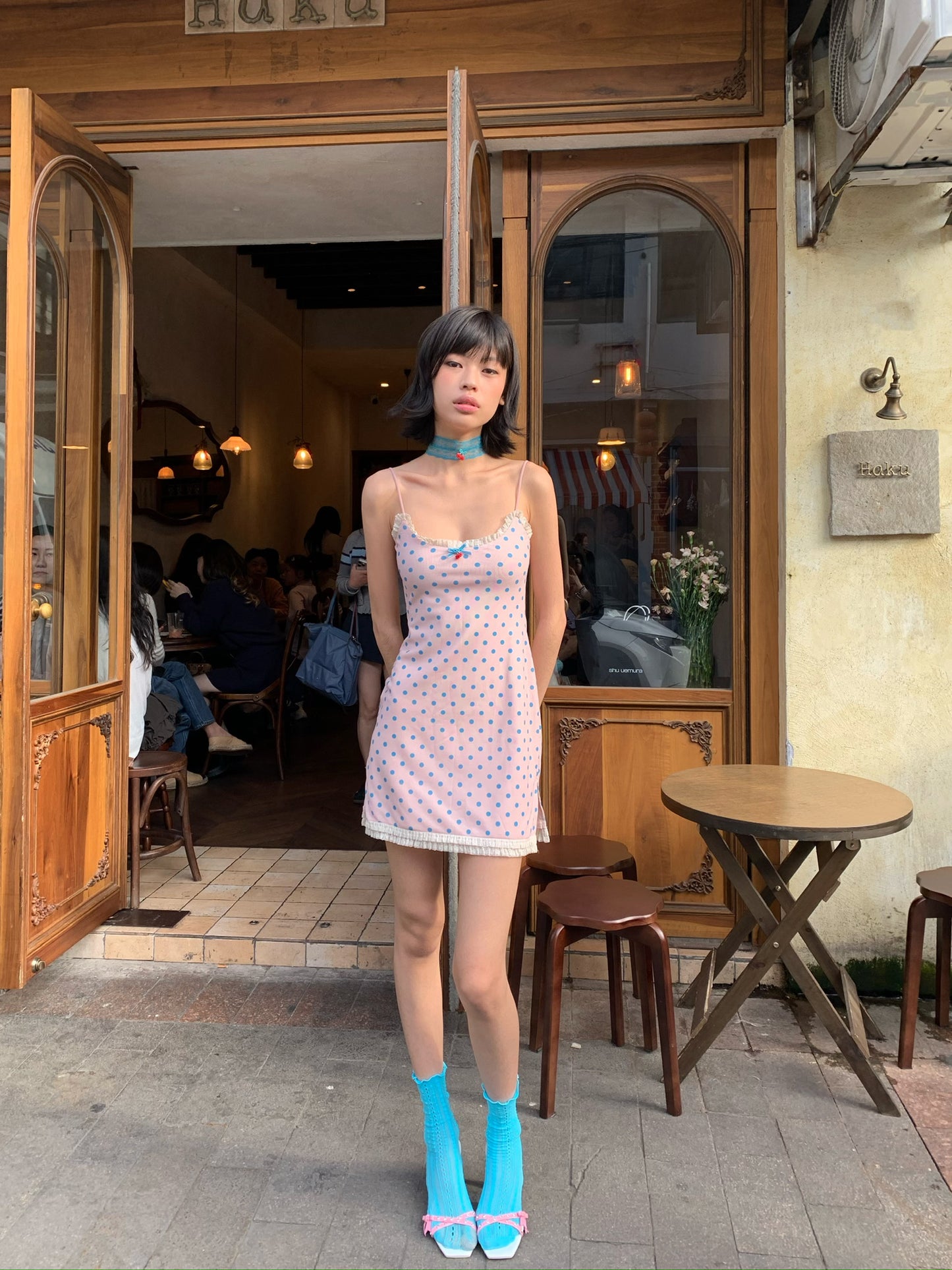 Candy polka dot dress pink stretch-fitting short dress