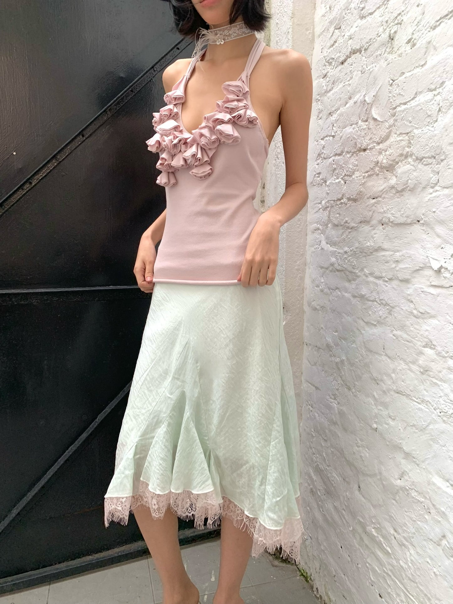 Mint green patched light pink lace flared chiffon skirt with a flowing hem