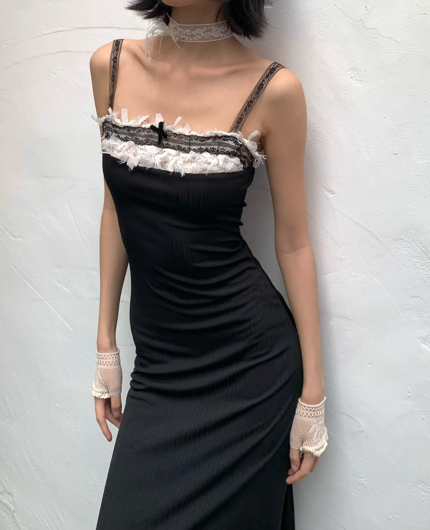Sexy and playful lace stretch black fitted dress with adjustable shoulder straps