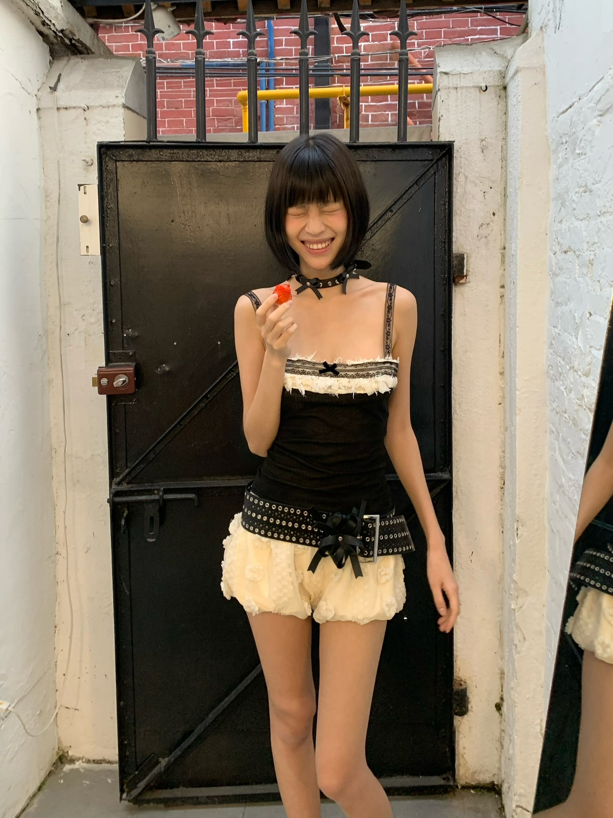 Beige bubble-shaped, puffy, low-waist, stretchy ultra-short pants