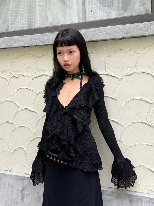 Black slim knit long sleeve top cardigan with ruffled edge