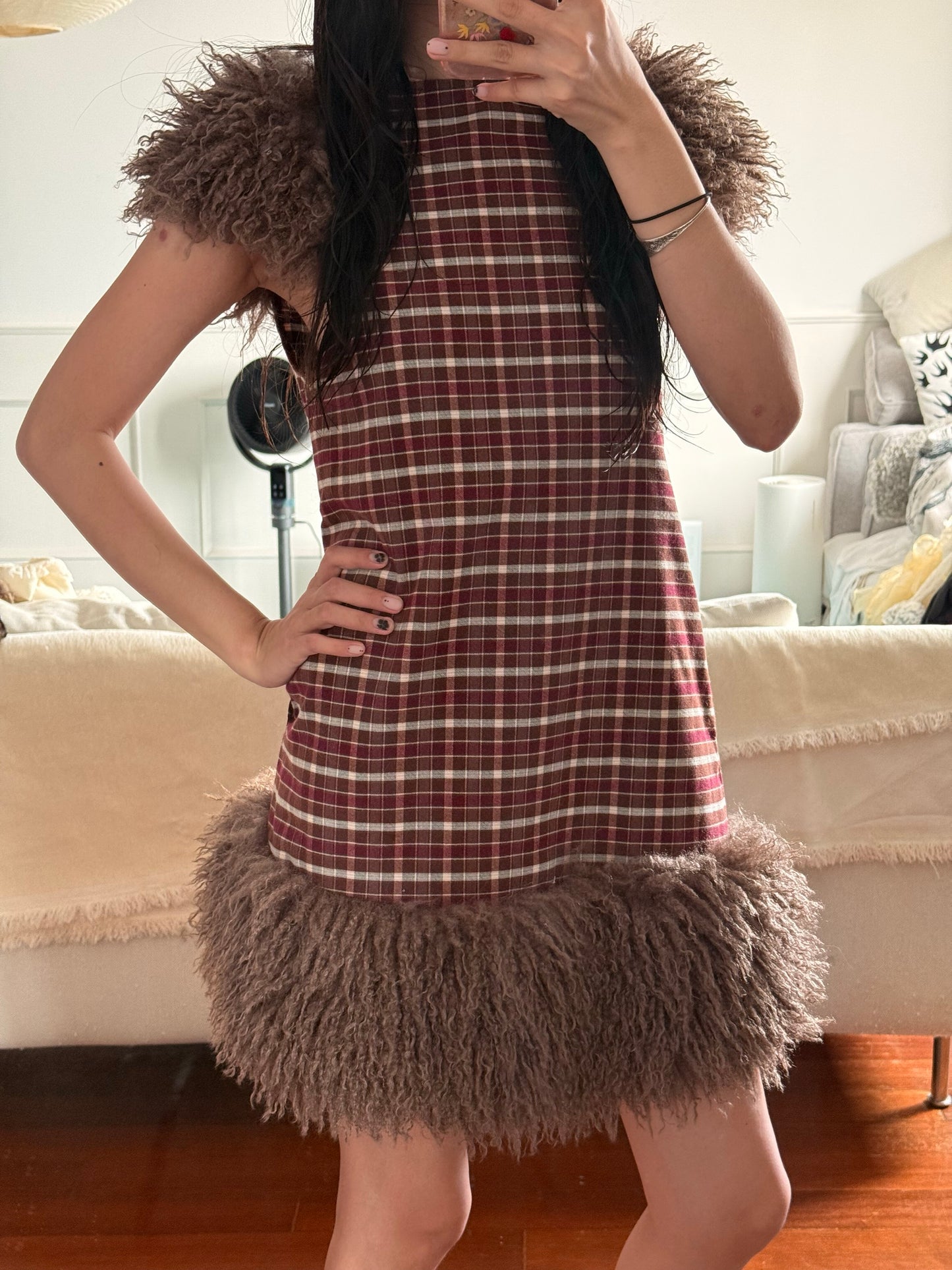 Retro red and brown furry short-sleeved dress