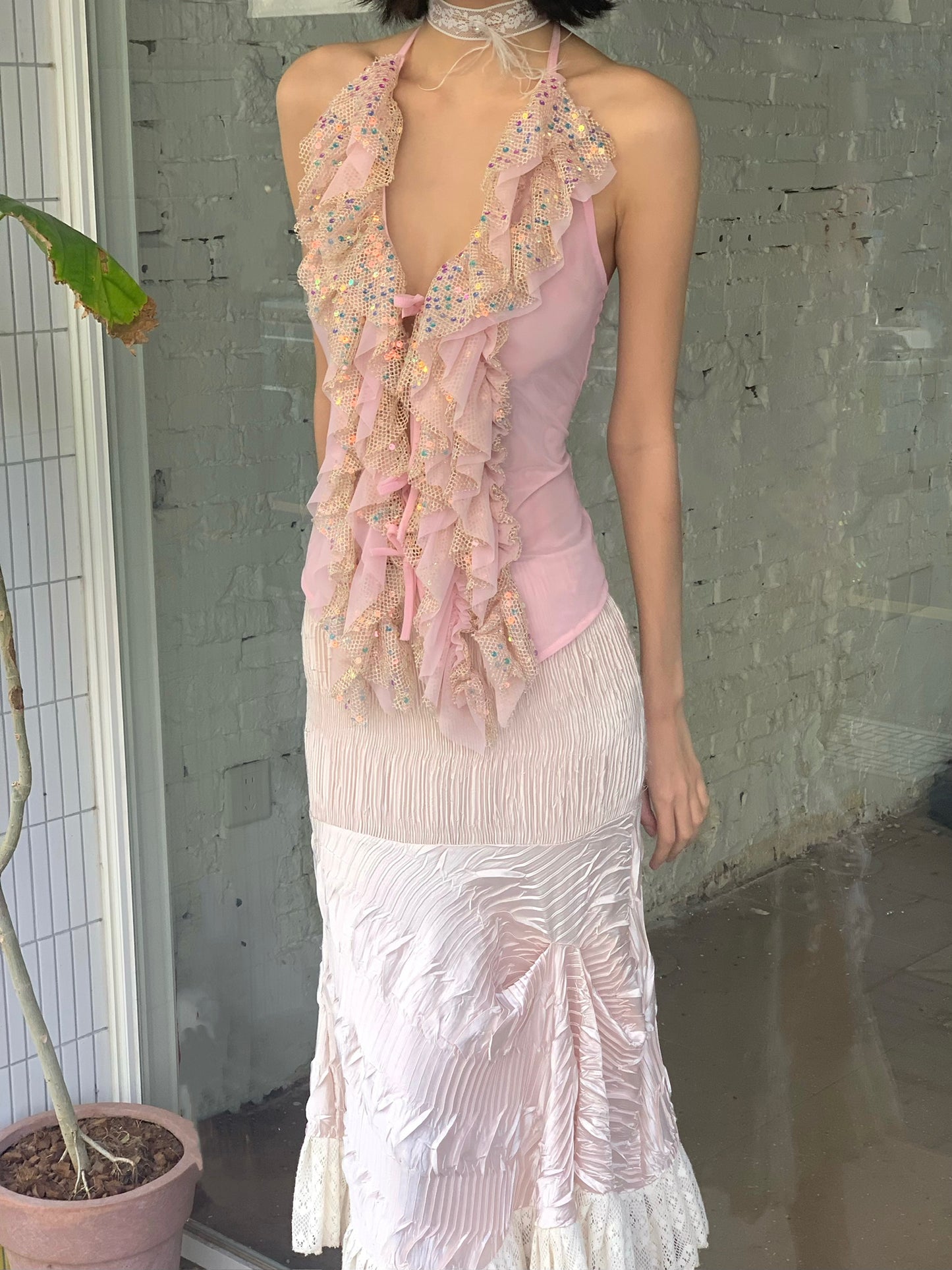 Pink glittering sequin ruffled halter strap original design top