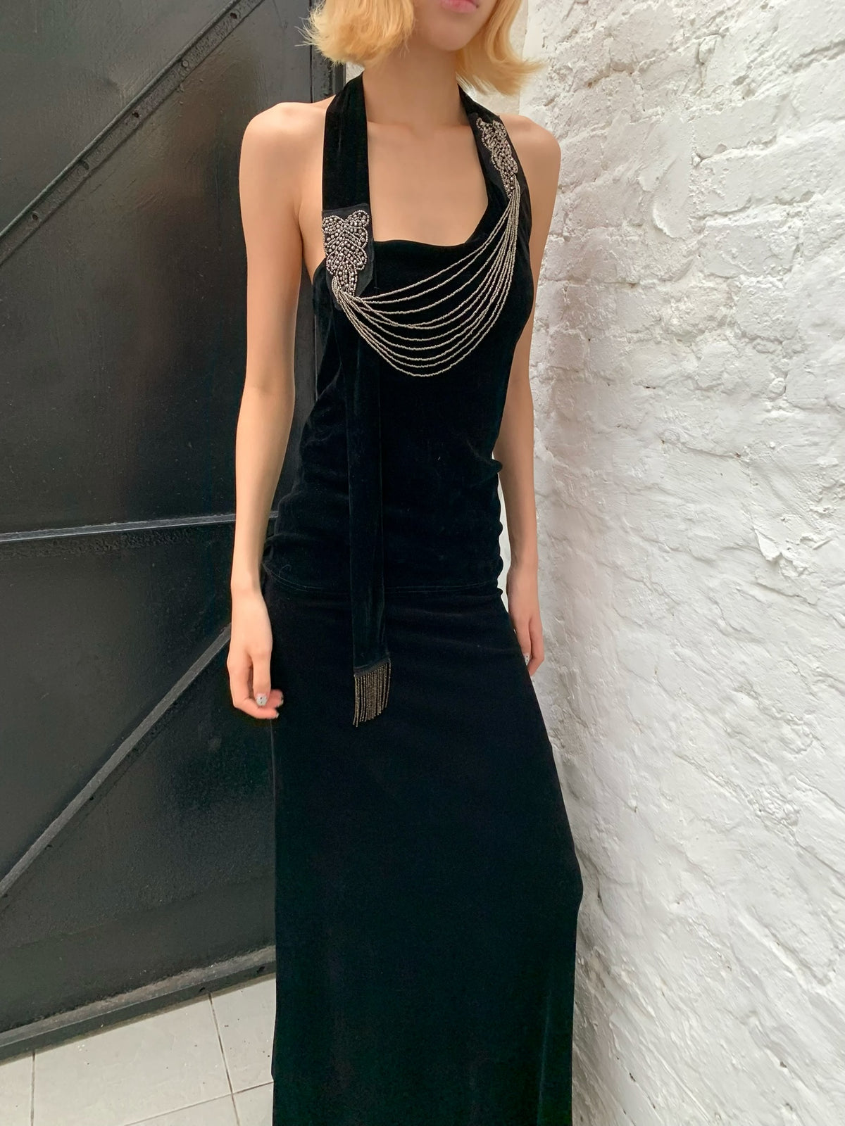 Black Silver Waterfall - Black Velvet mesh Elegant Elasticated Blouse top