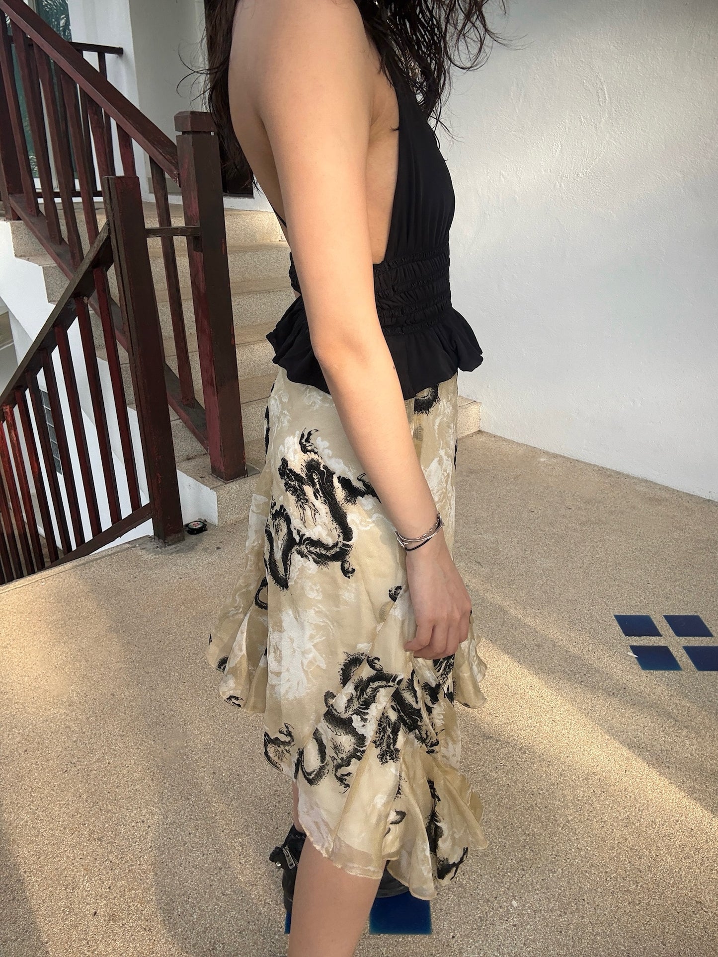Dragon print chiffon skirt with wide hemline