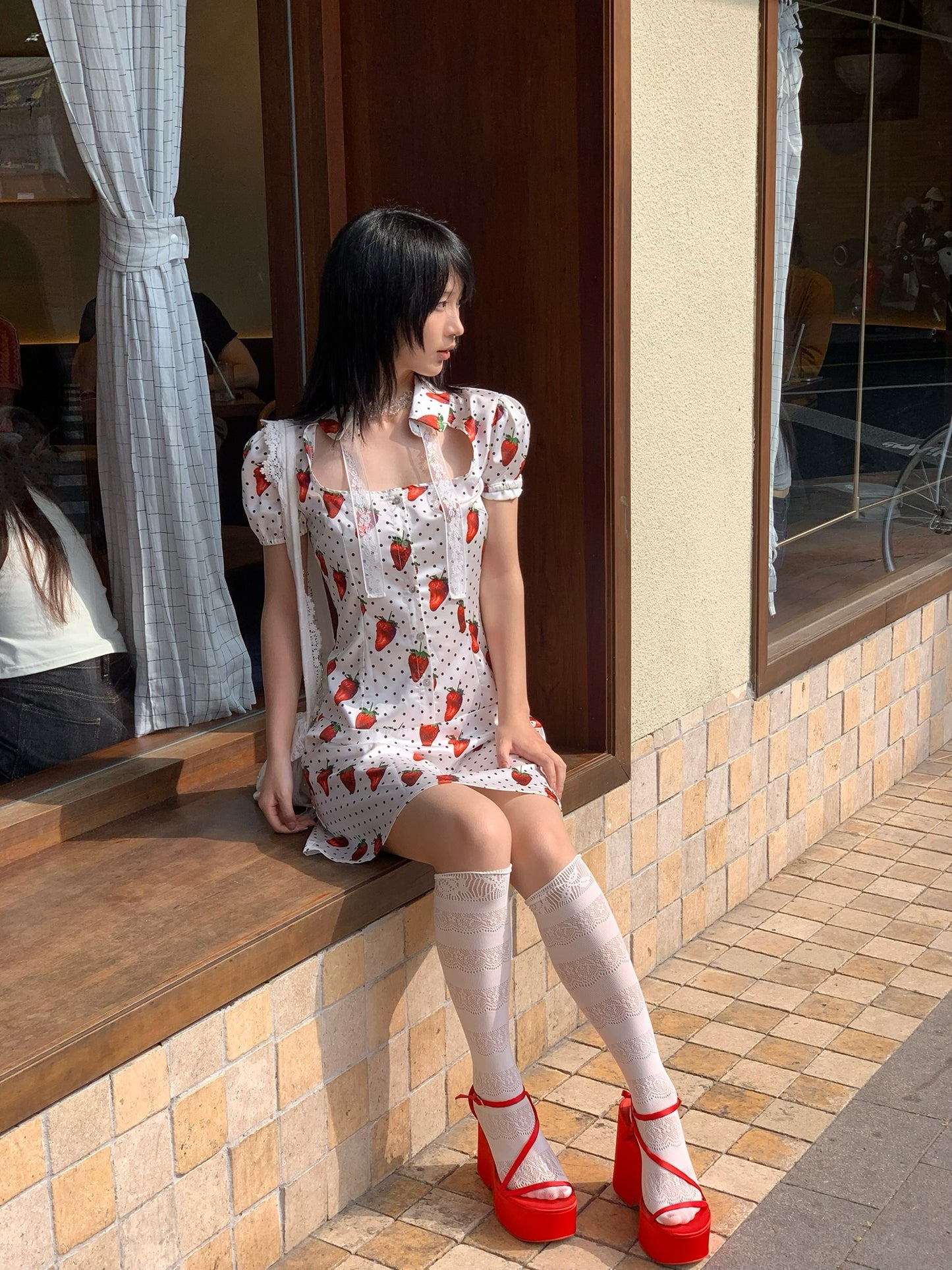 Strawberry polka dot cupcakes. Original printed bubble sleeve satin dress