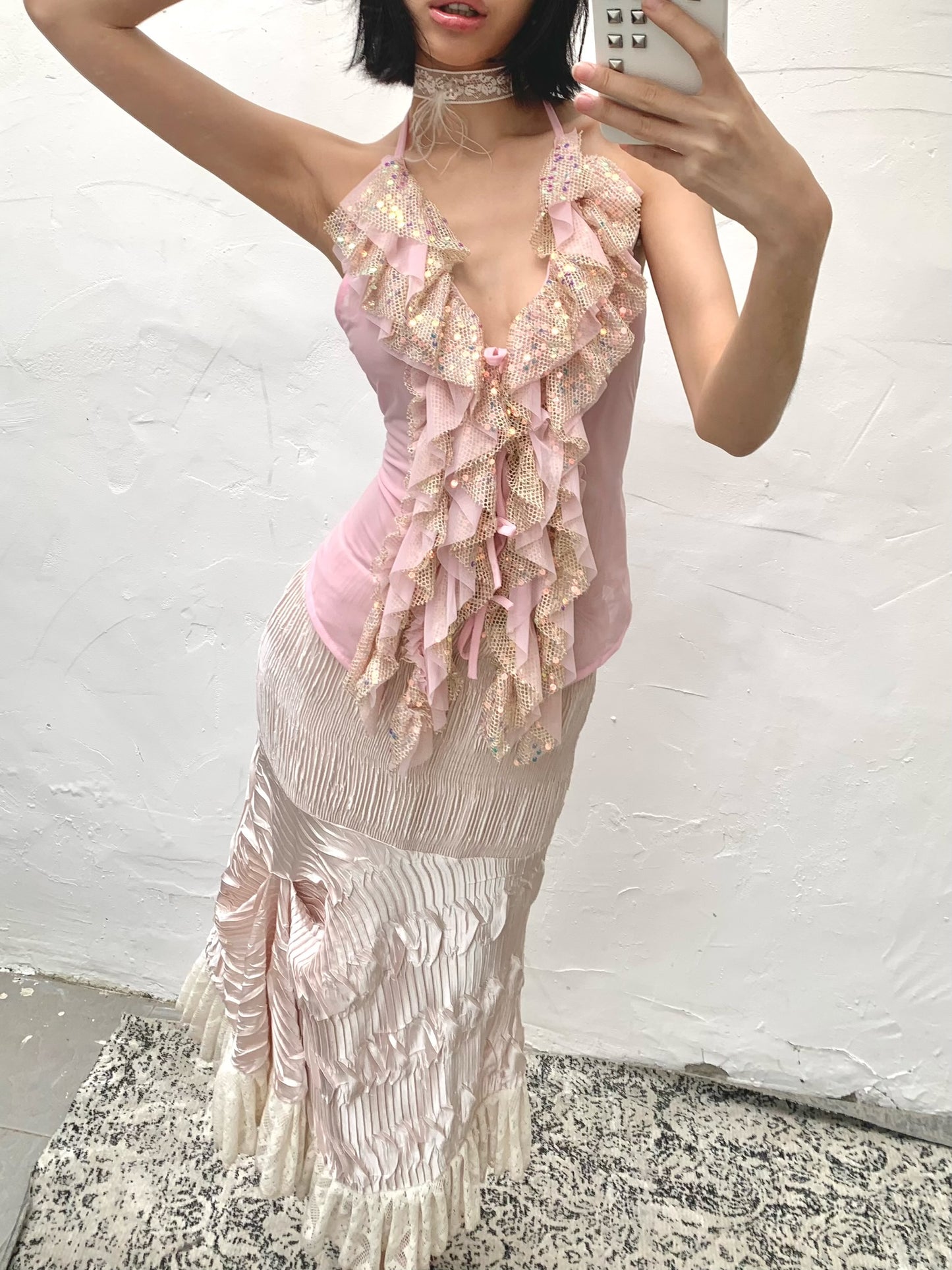 Pink glittering sequin ruffled halter strap original design top