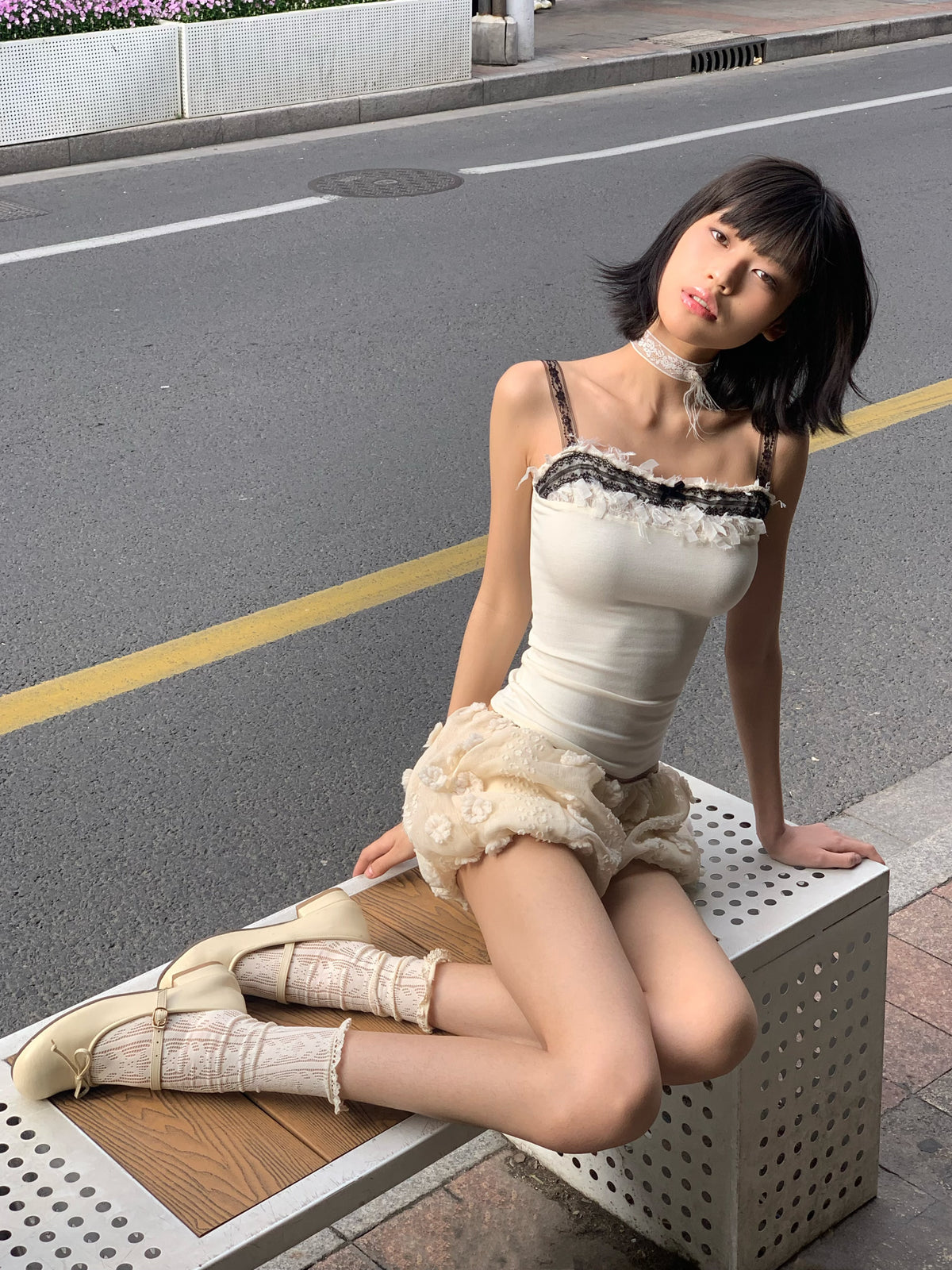 Beige bubble-shaped, puffy, low-waist, stretchy ultra-short pants