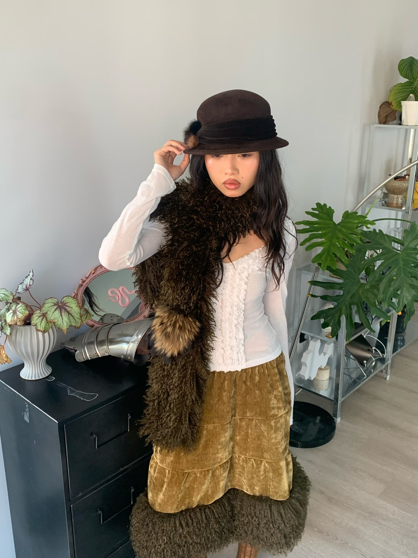 Shagreen green velvet-effect corduroy patchwork faux fur A-line skirt