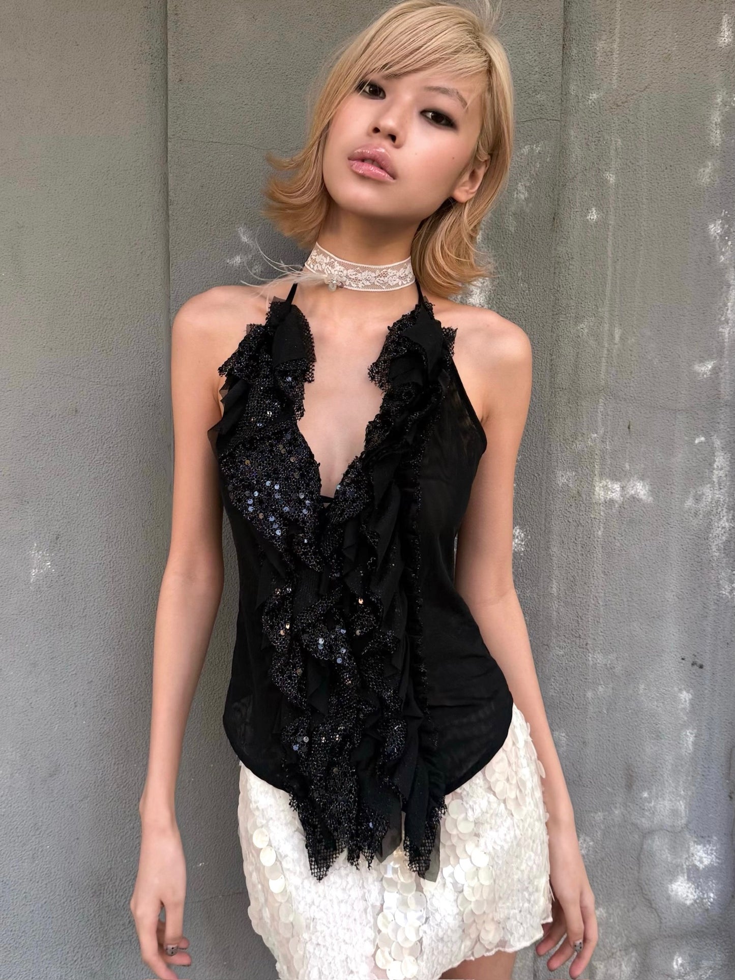 Dark glittering sequin ruffled halter strap original design top