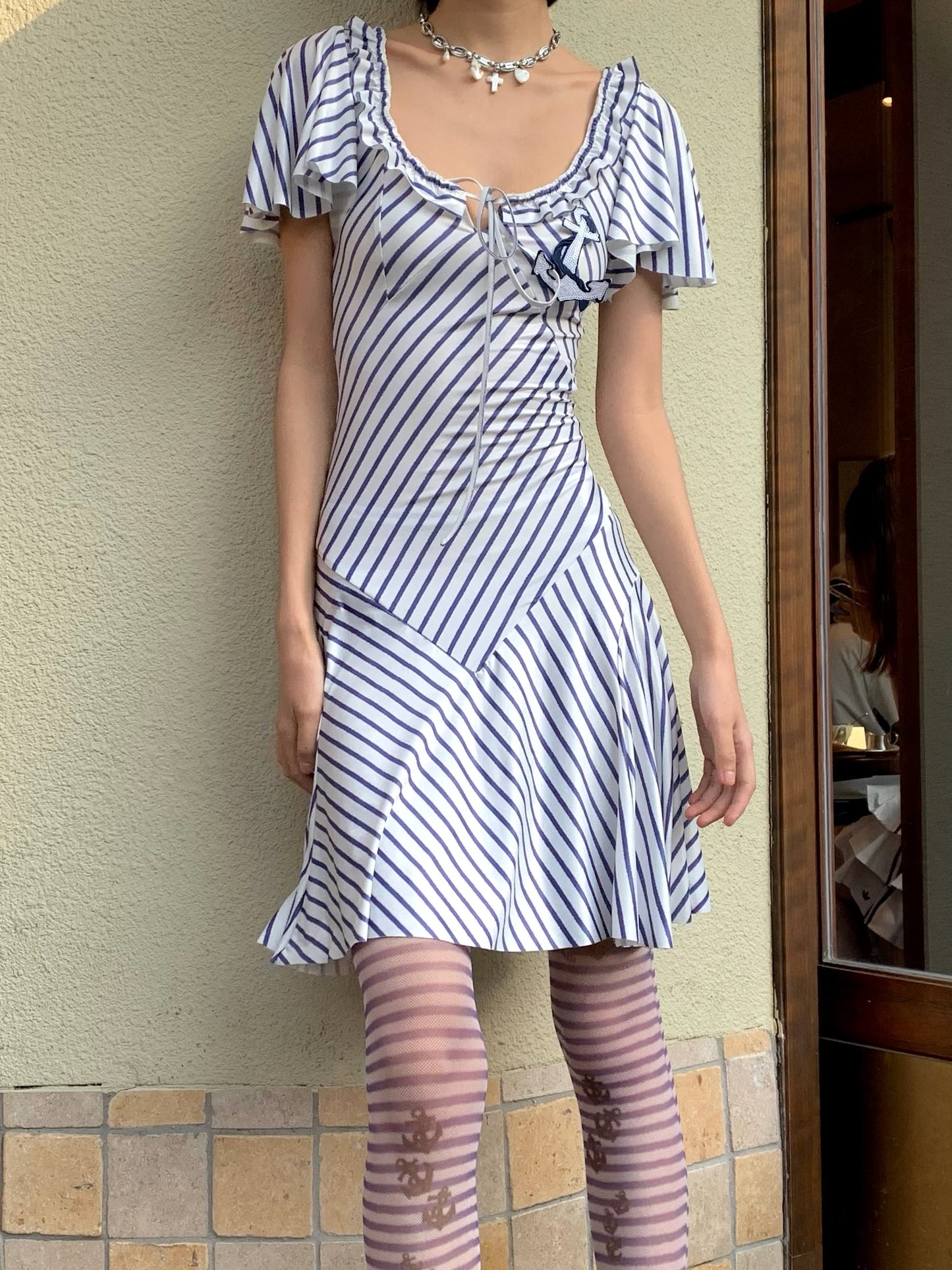 Navy style sailing style playful wide sleeves and large skirt hem elasticated dress