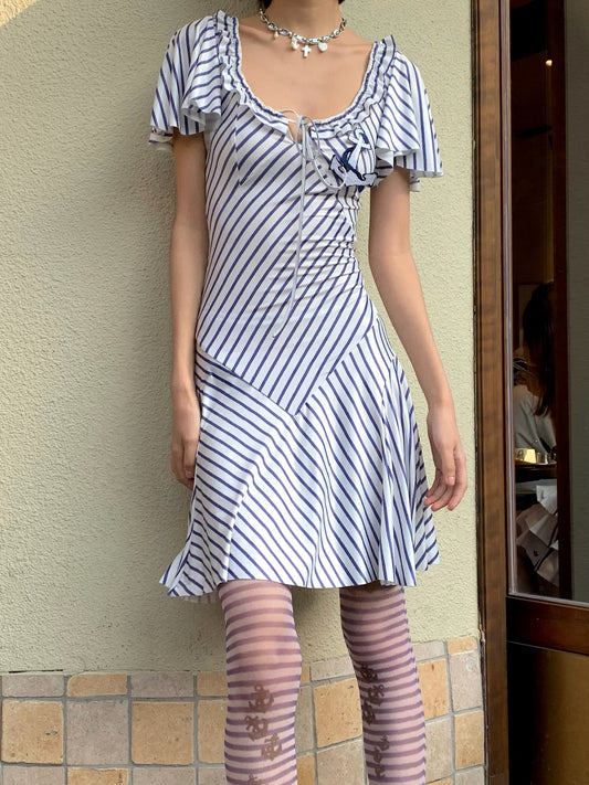 Navy style sailing style playful wide sleeves and large skirt hem elasticated dress