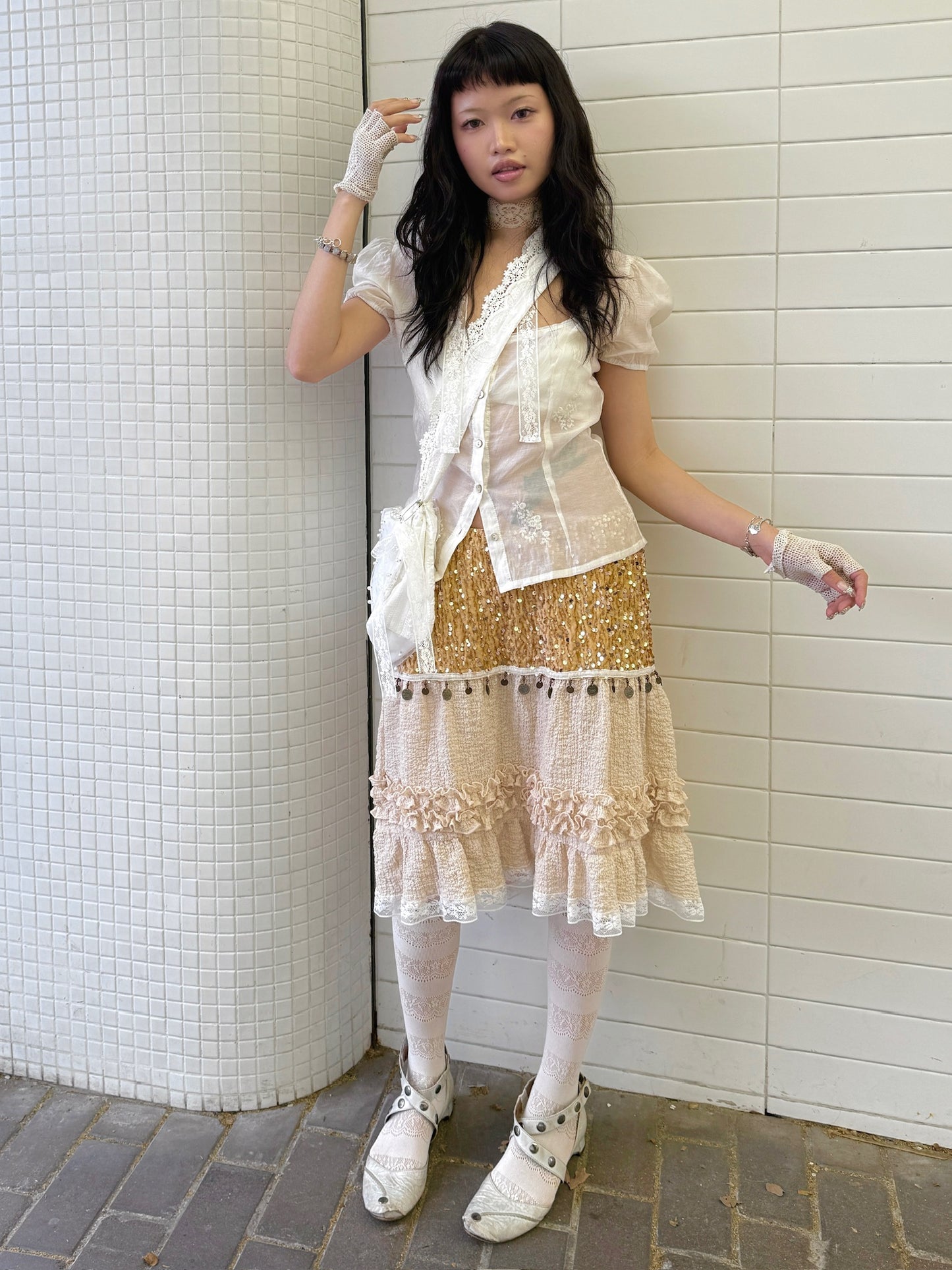Gold and shiny baby doll skirt with rsequins and lace patchwork