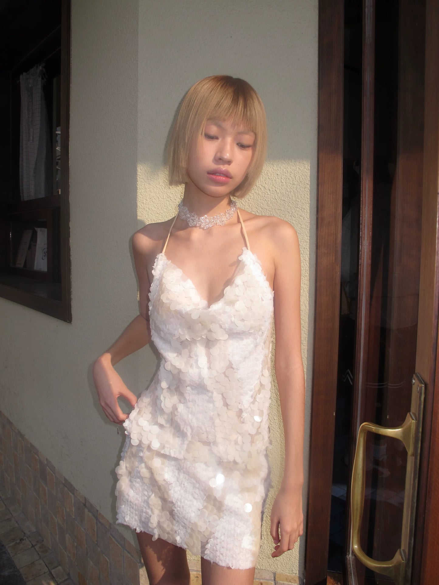 Beautiful mermaid-style with nude color, glittery sequins top