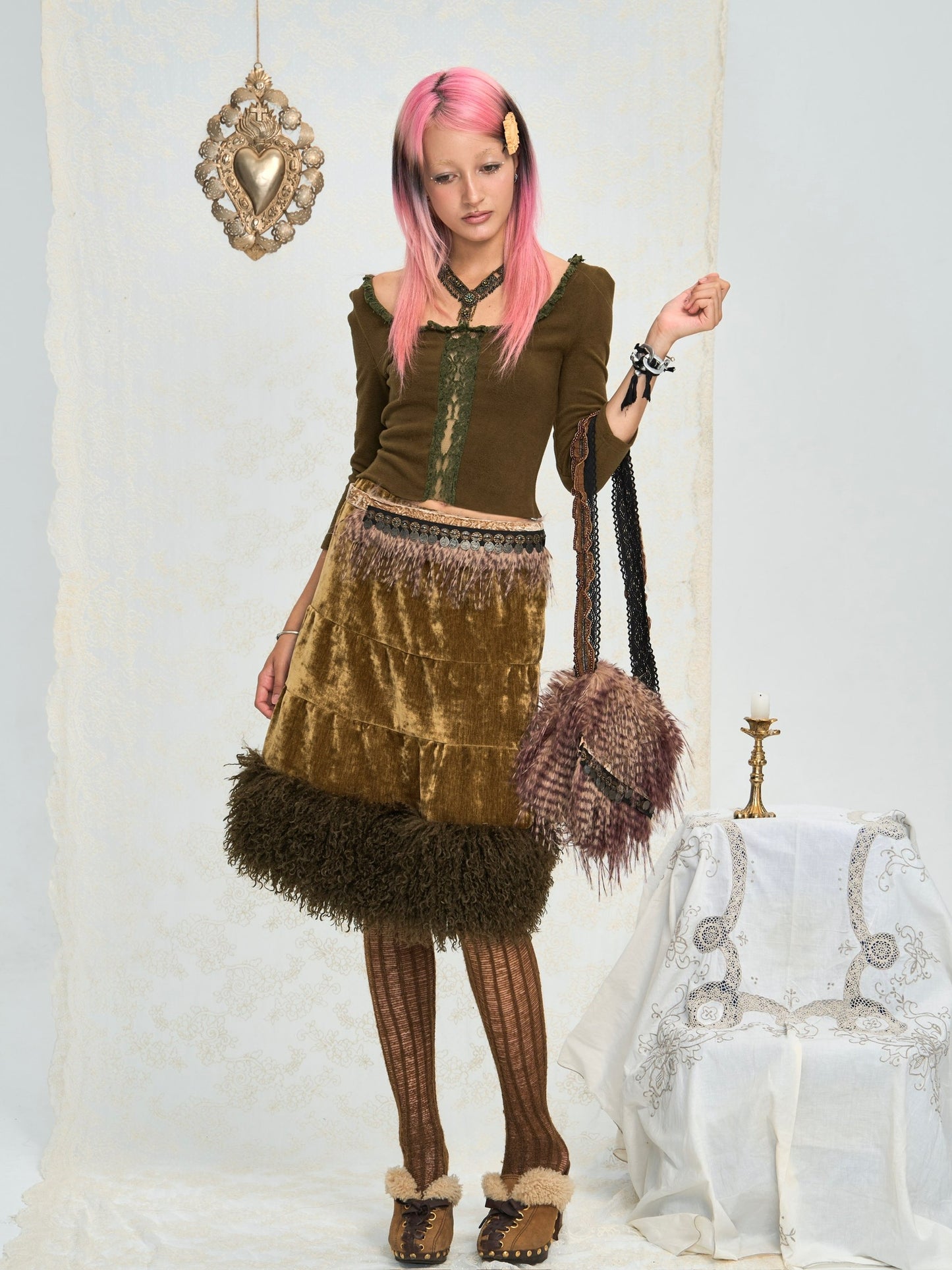 Shagreen green velvet-effect corduroy patchwork faux fur A-line skirt