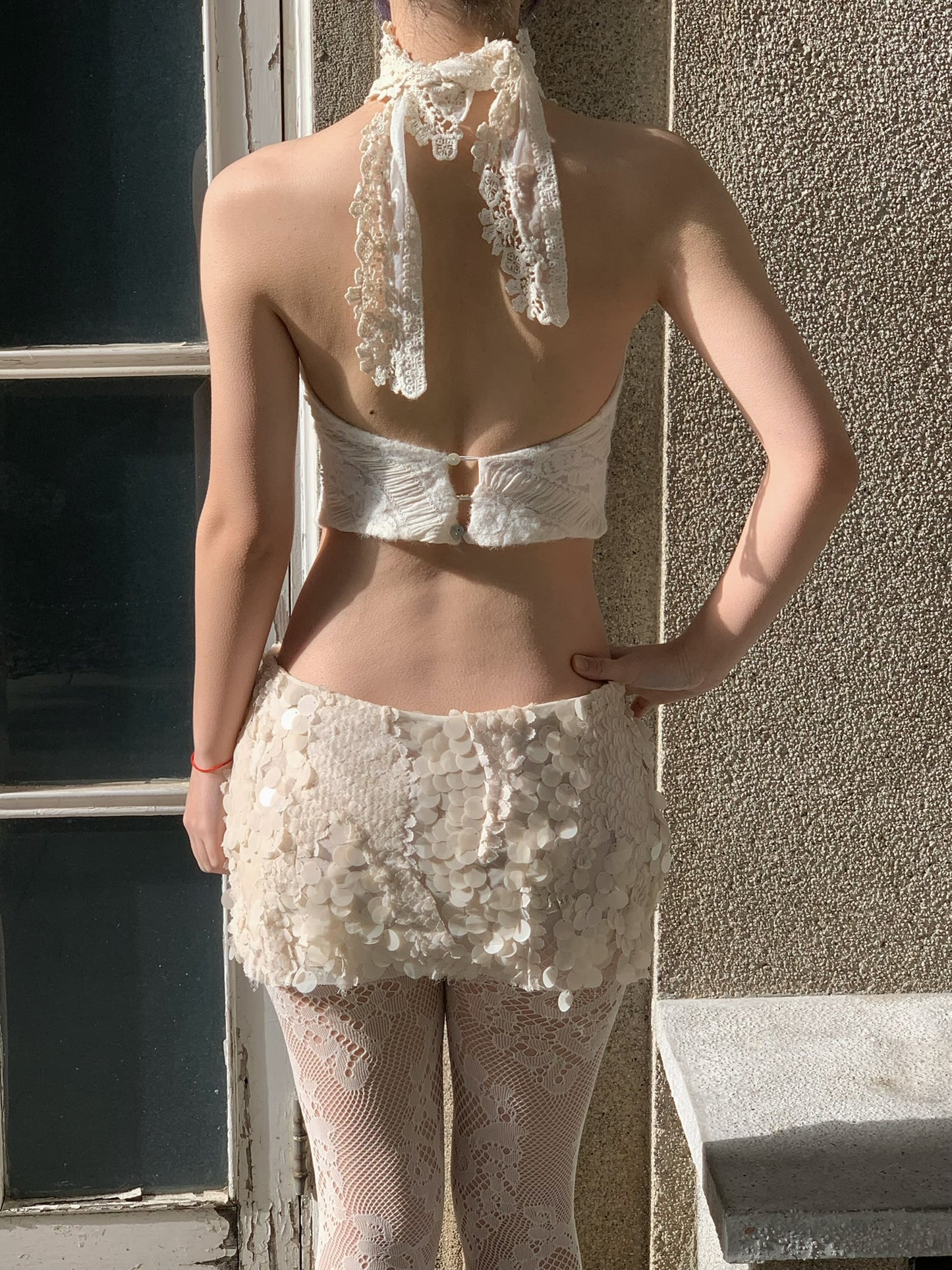 Vintage style lace around the neck, light white elastic neckband babydoll top