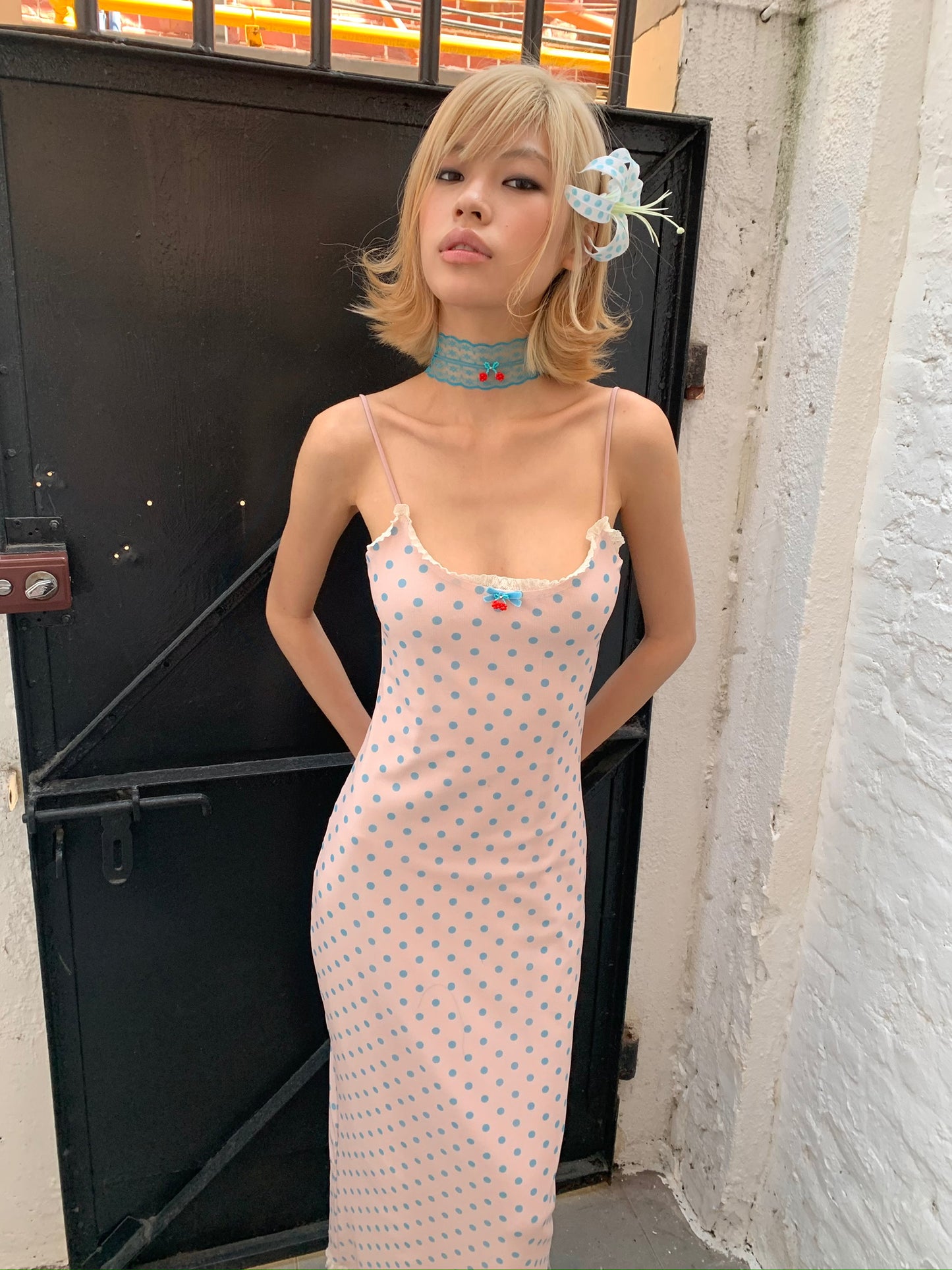 Candy polka dot dress in long version - Original pink strapless stretch-fitting long dress