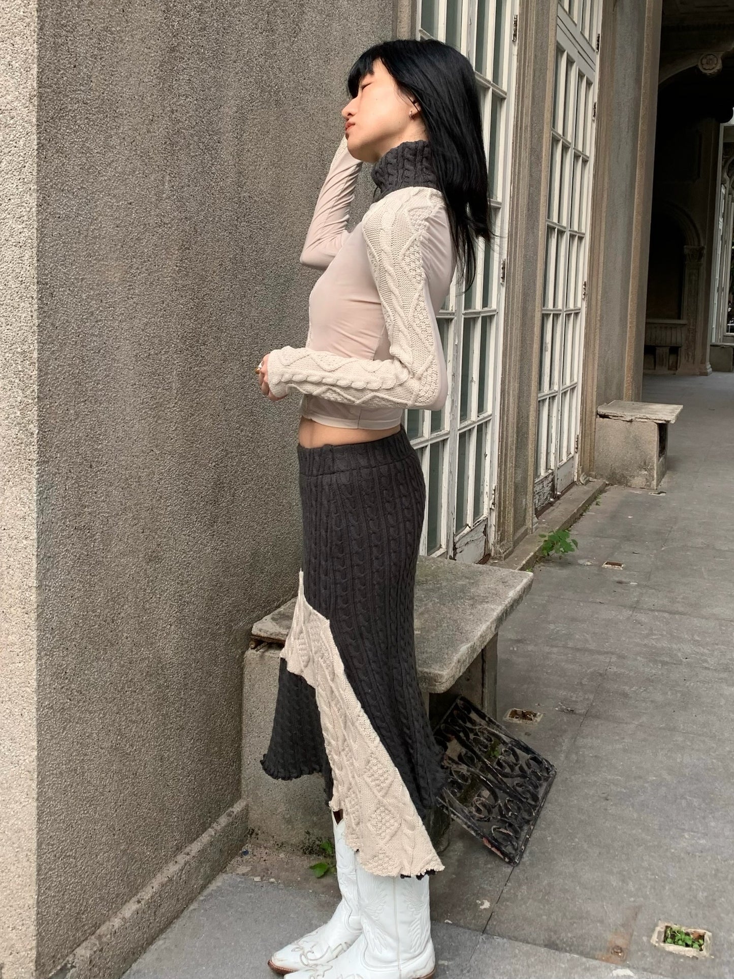 Original patchwork knitted stretch slimming design top + half skirt （can be bought separately