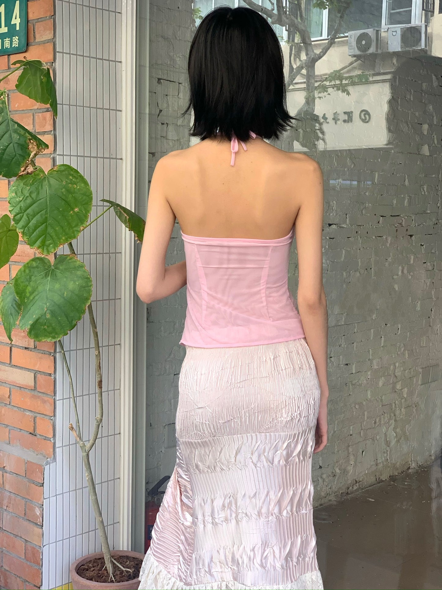 Pink glittering sequin ruffled halter strap original design top