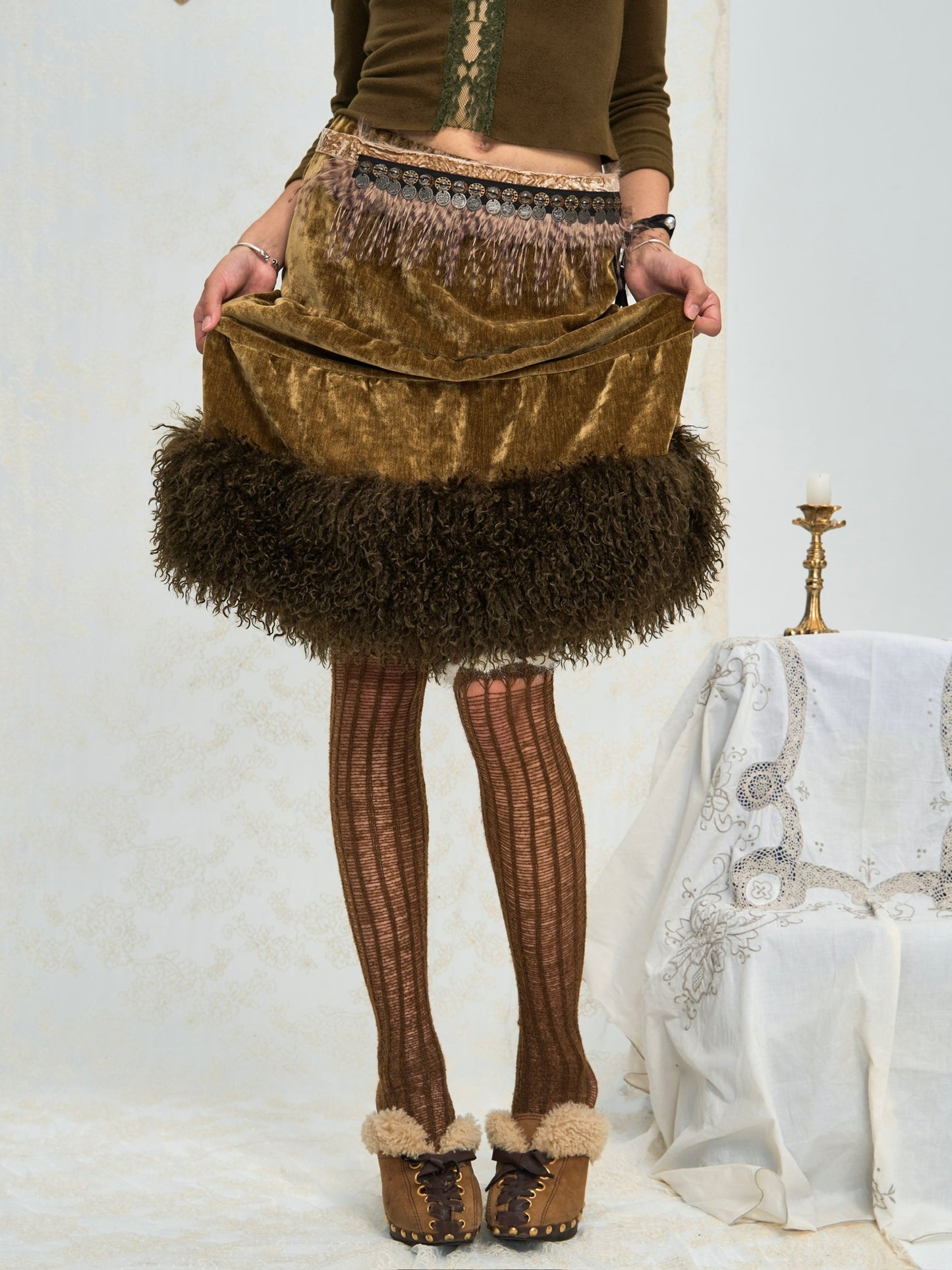 Shagreen green velvet-effect corduroy patchwork faux fur A-line skirt