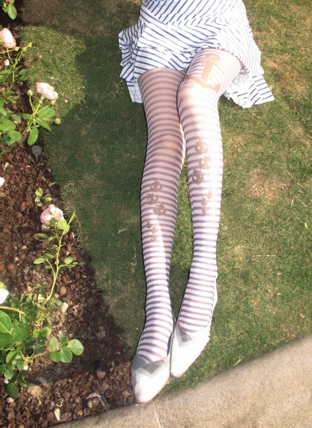 Original design, hard-to-tear striped navy sailor blue style fishnet stockings