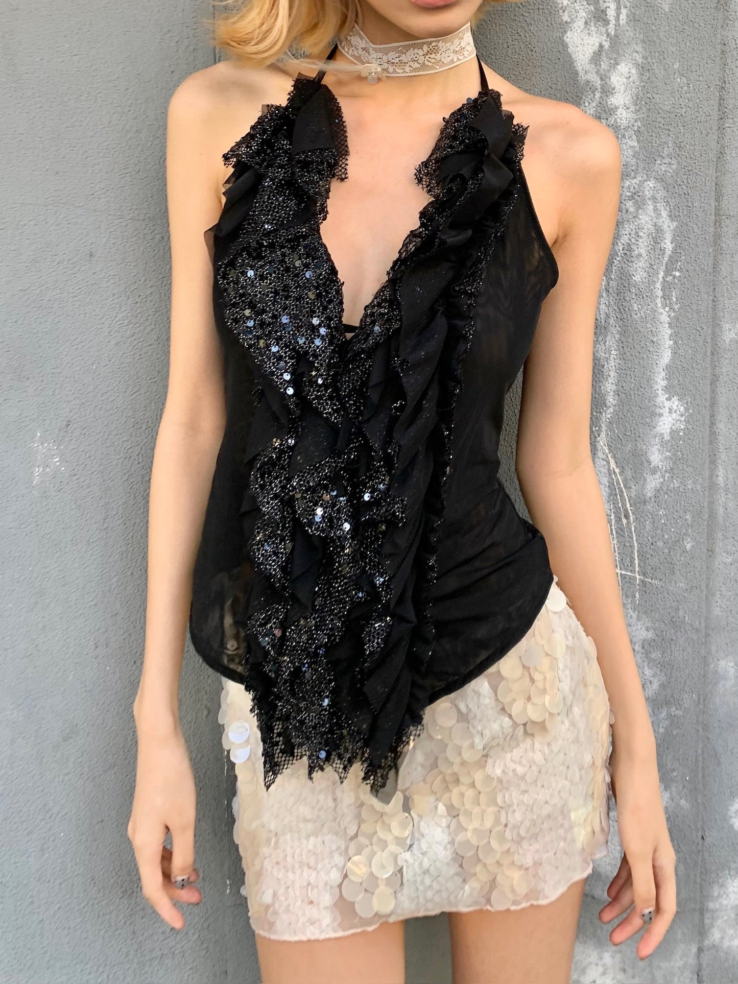 Dark glittering sequin ruffled halter strap original design top