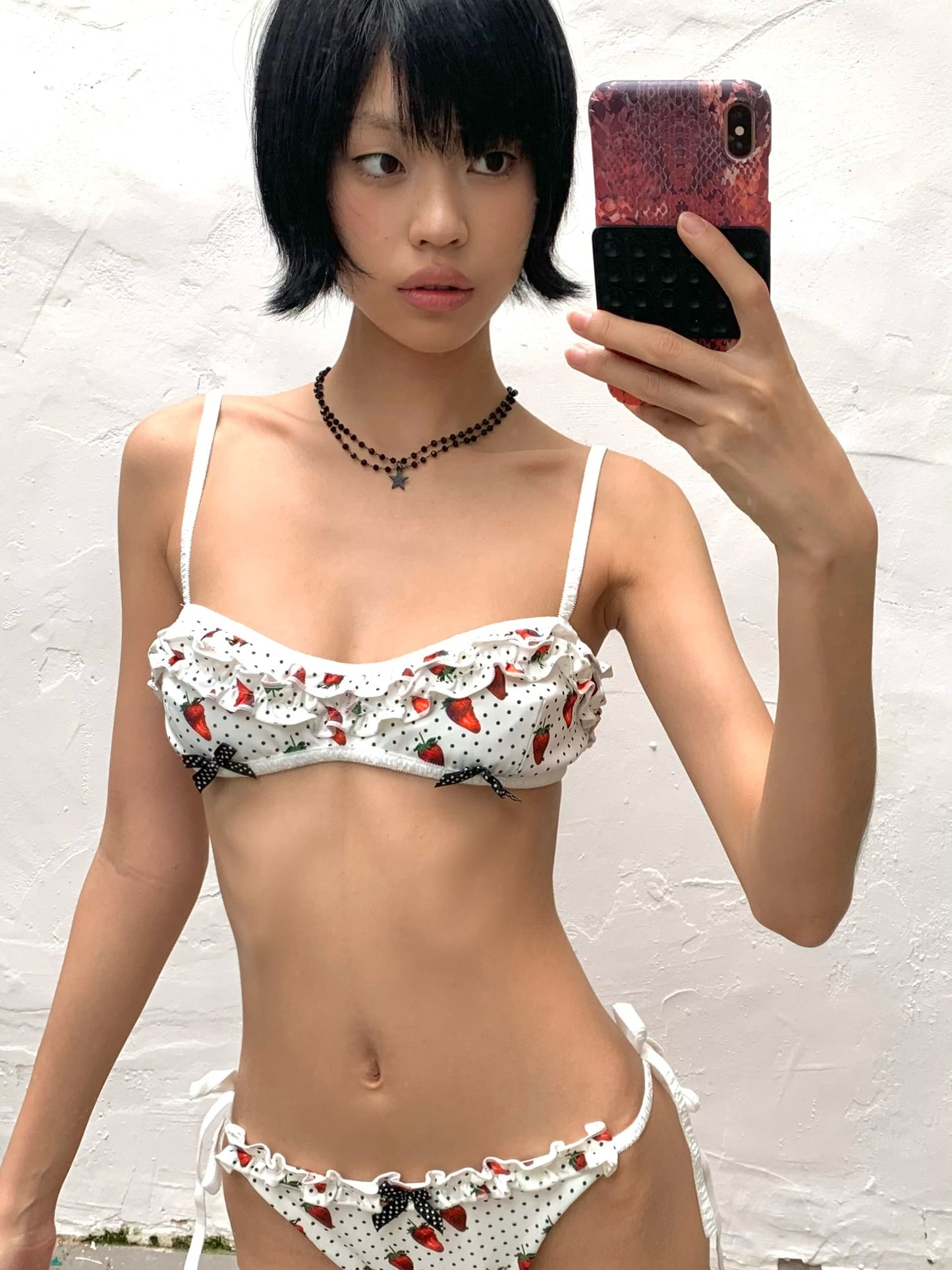 Strawberry polka dot printed swimsuit set  Bikini + Skirt