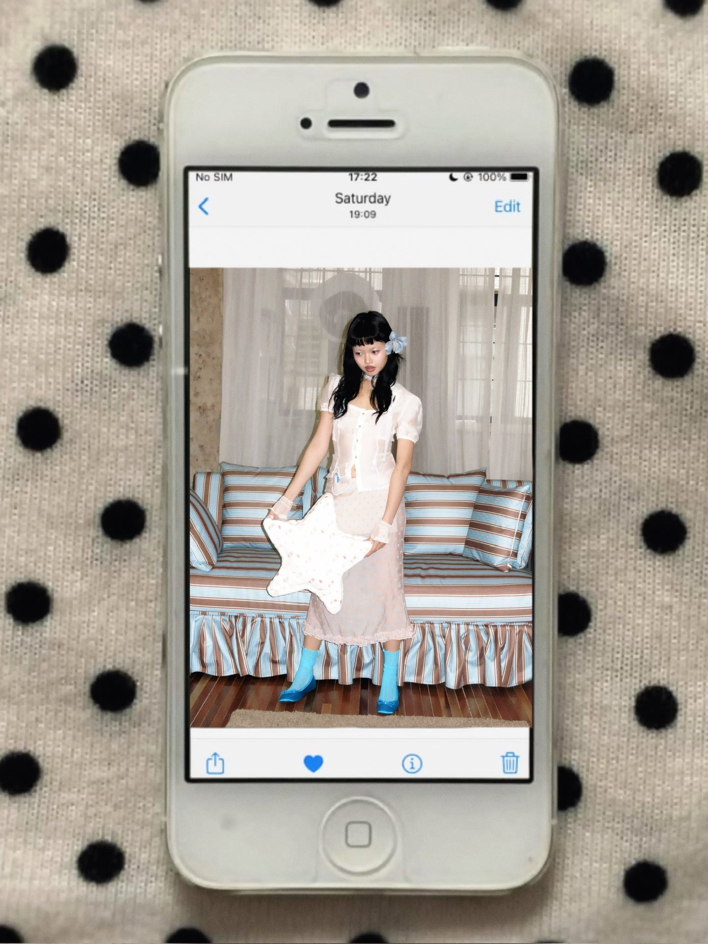 Baby blue polka dot original design tencel mid-length dress