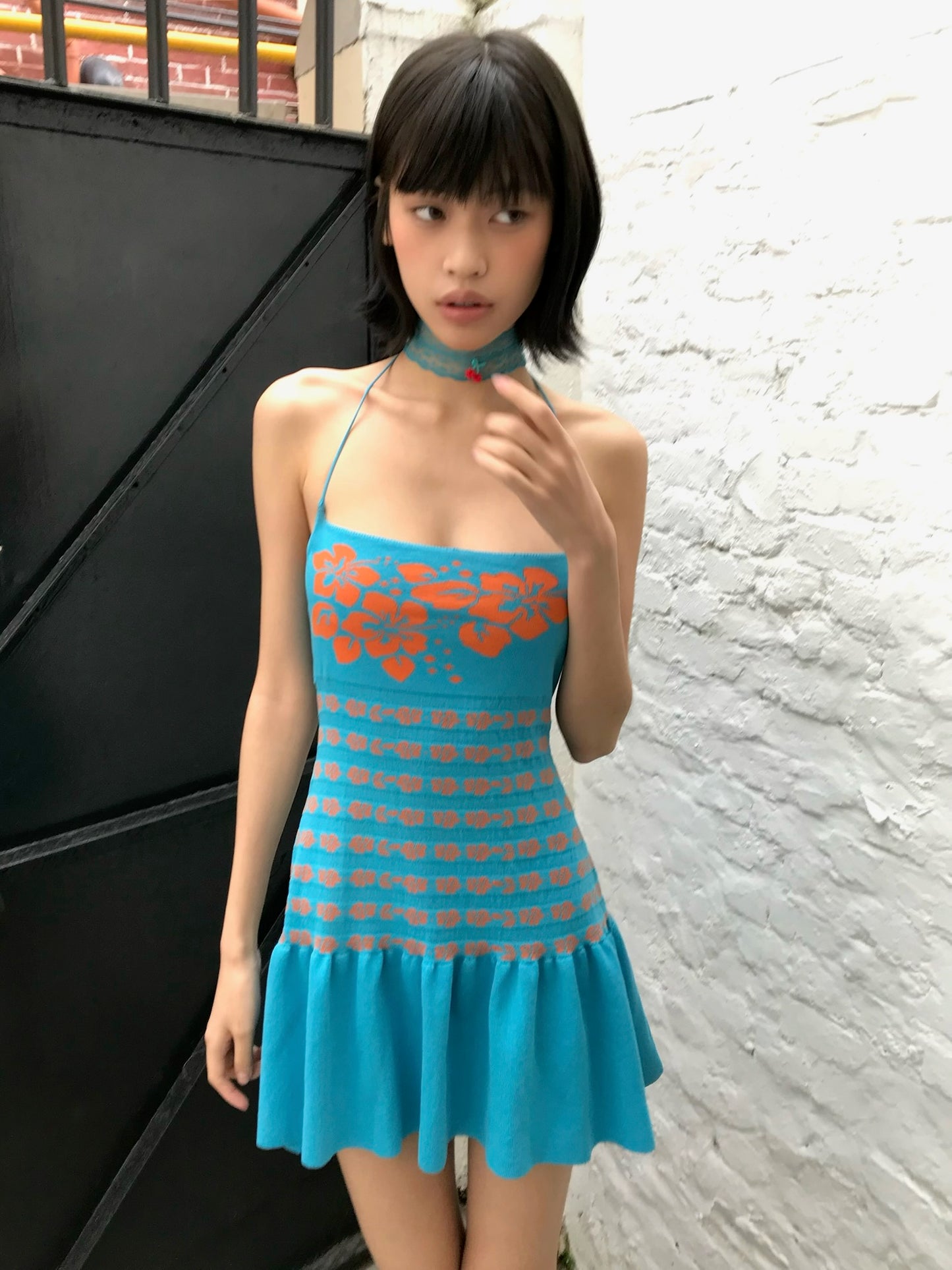 Blue jacquard flower original design slim-fitting elasticated knitted dress